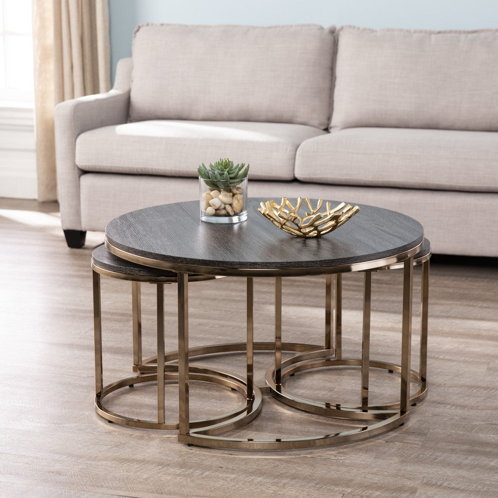 32" Champagne And Charcoal Manufactured Wood And Metal With Iron Round Coffee Table-8