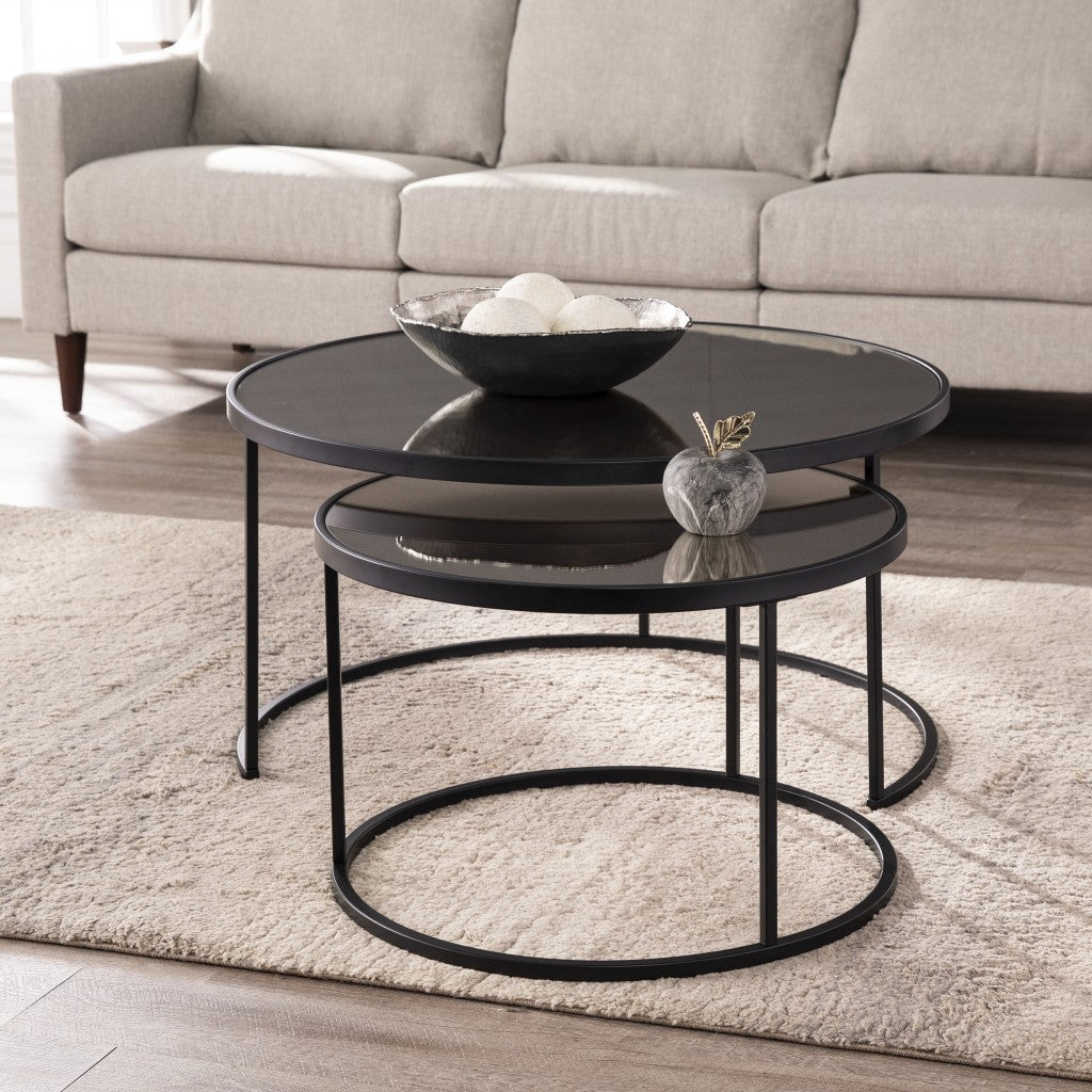 Set of Two Black And Silver Mirrored Round Nested Coffee Table Set-5
