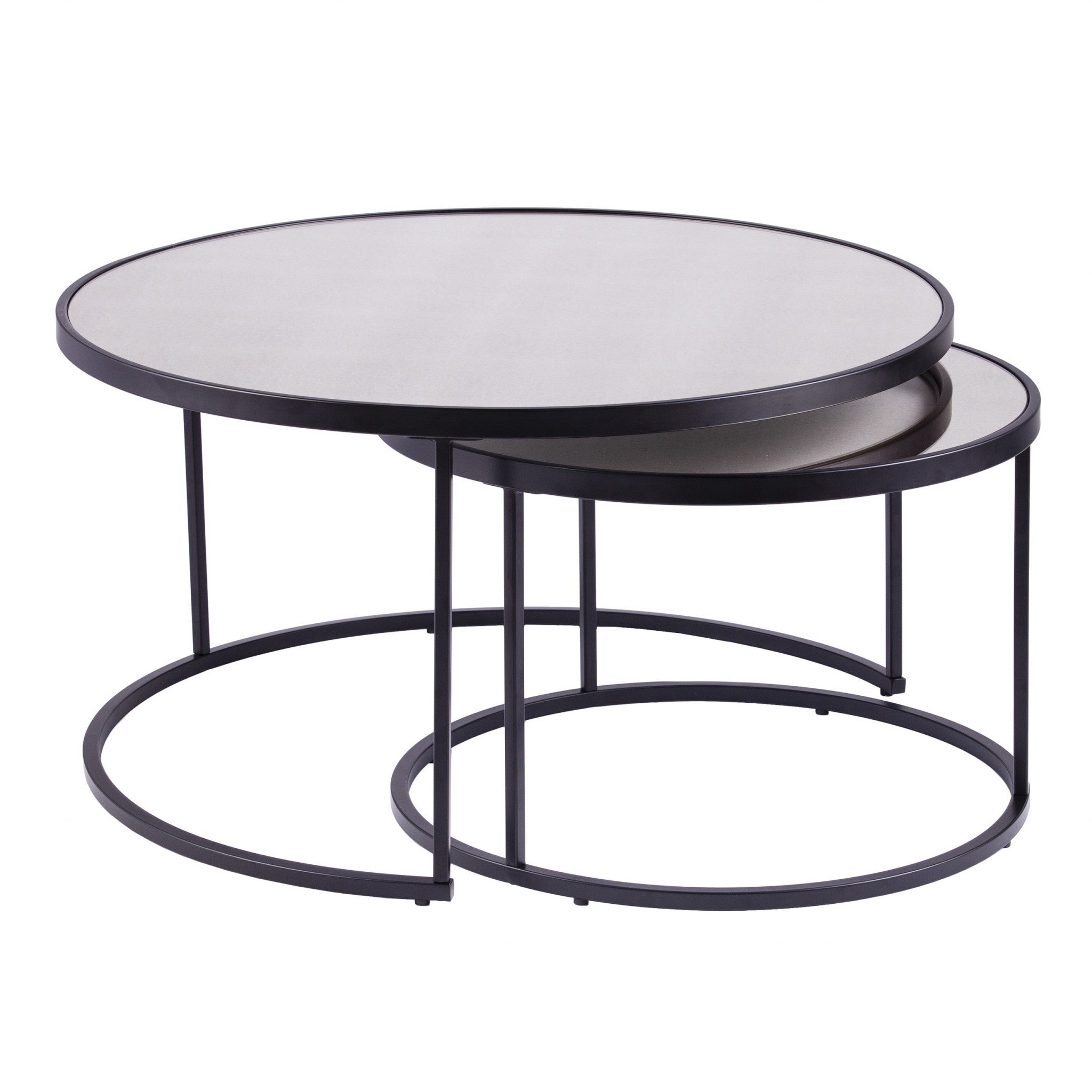 Set of Two Black And Silver Mirrored Round Nested Coffee Table Set-0