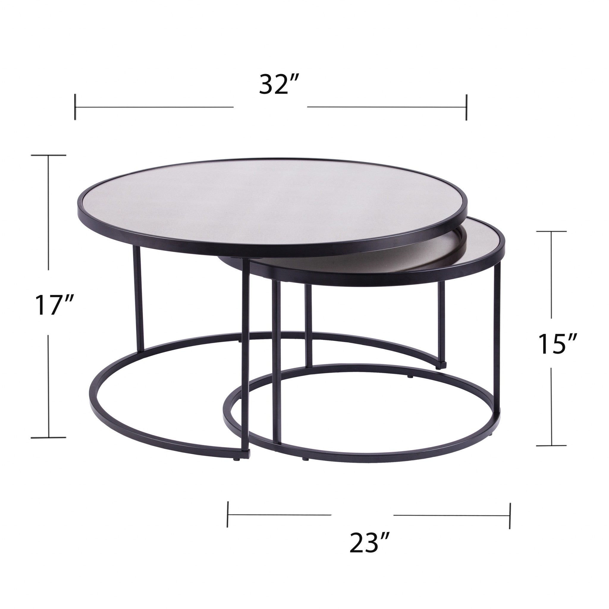 Set of Two Black And Silver Mirrored Round Nested Coffee Table Set-6