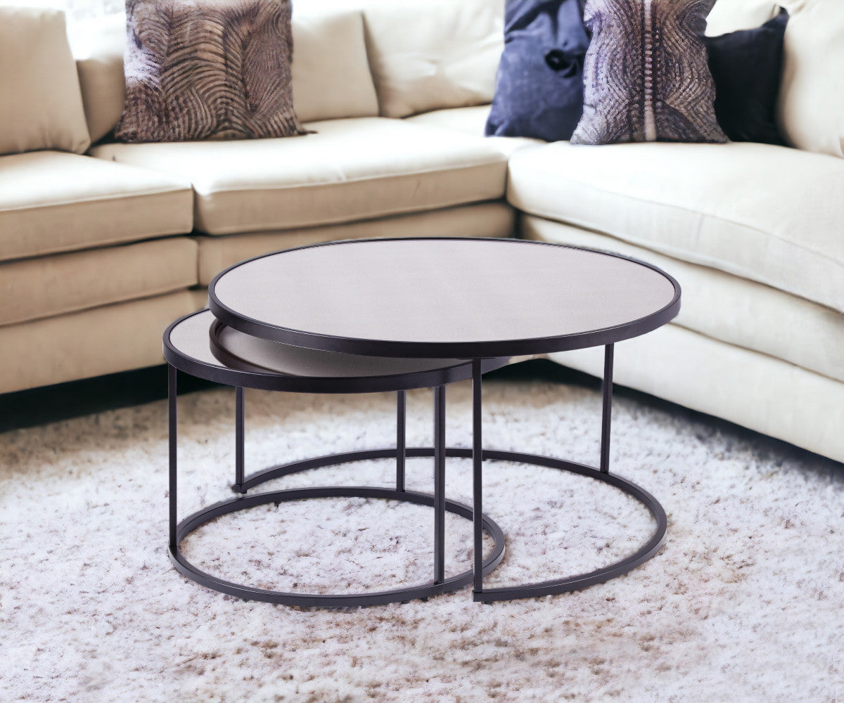 Set of Two Black And Silver Mirrored Round Nested Coffee Table Set-1