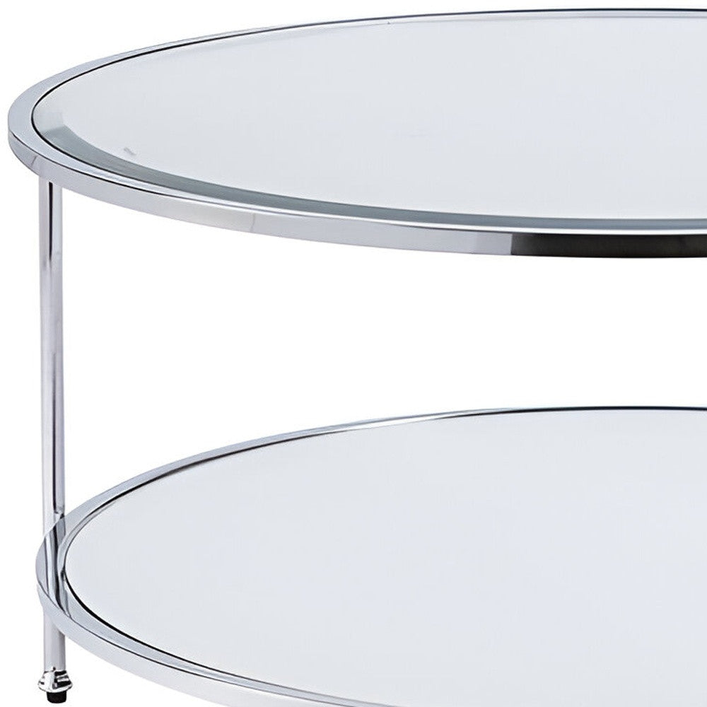 34" Chrome Glass And Metal Round Mirrored Coffee Table-2