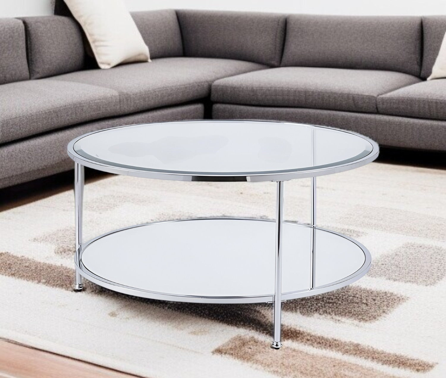 34" Chrome Glass And Metal Round Mirrored Coffee Table-0