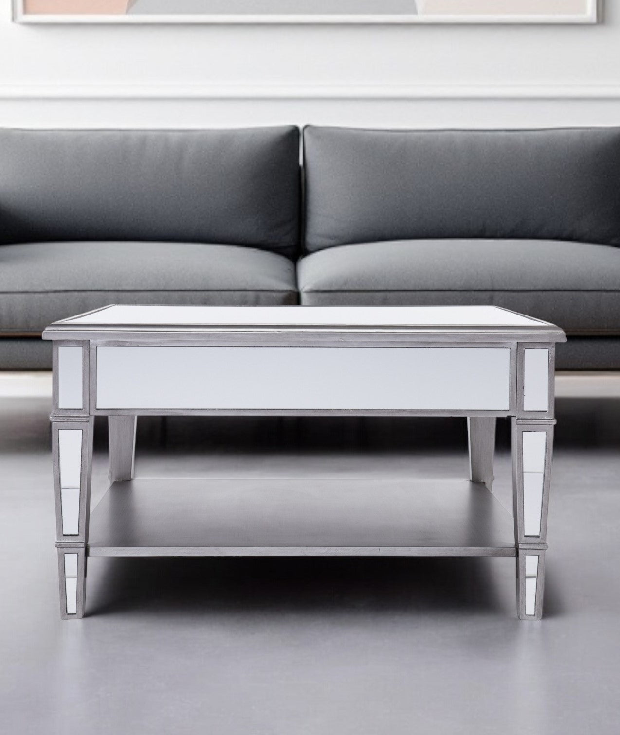 29" Silver Mirrored Square Coffee Table With Shelf-0