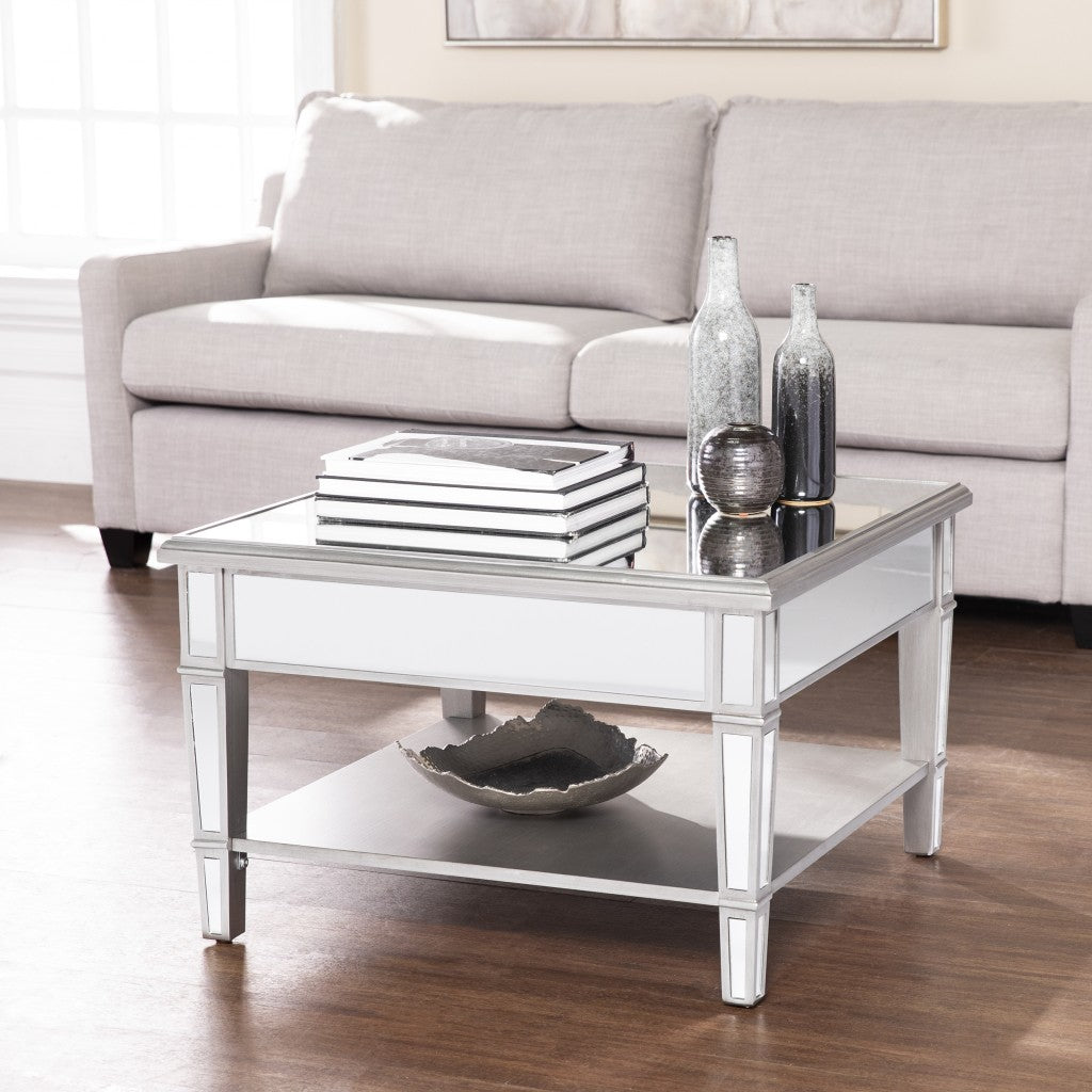 29" Silver Mirrored Square Coffee Table With Shelf-8
