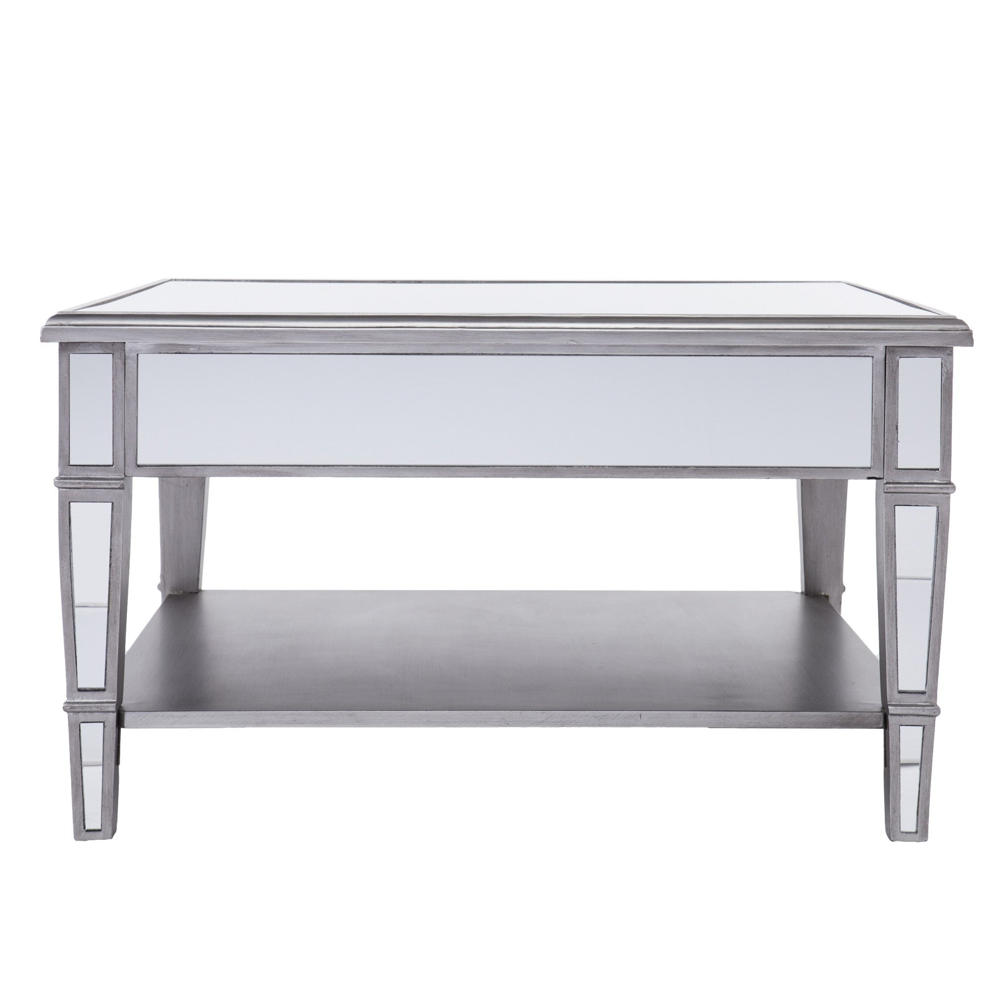 29" Silver Mirrored Square Coffee Table With Shelf-1