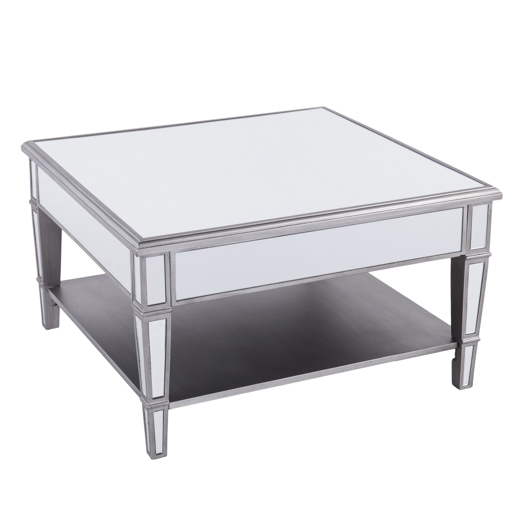 29" Silver Mirrored Square Coffee Table With Shelf-2