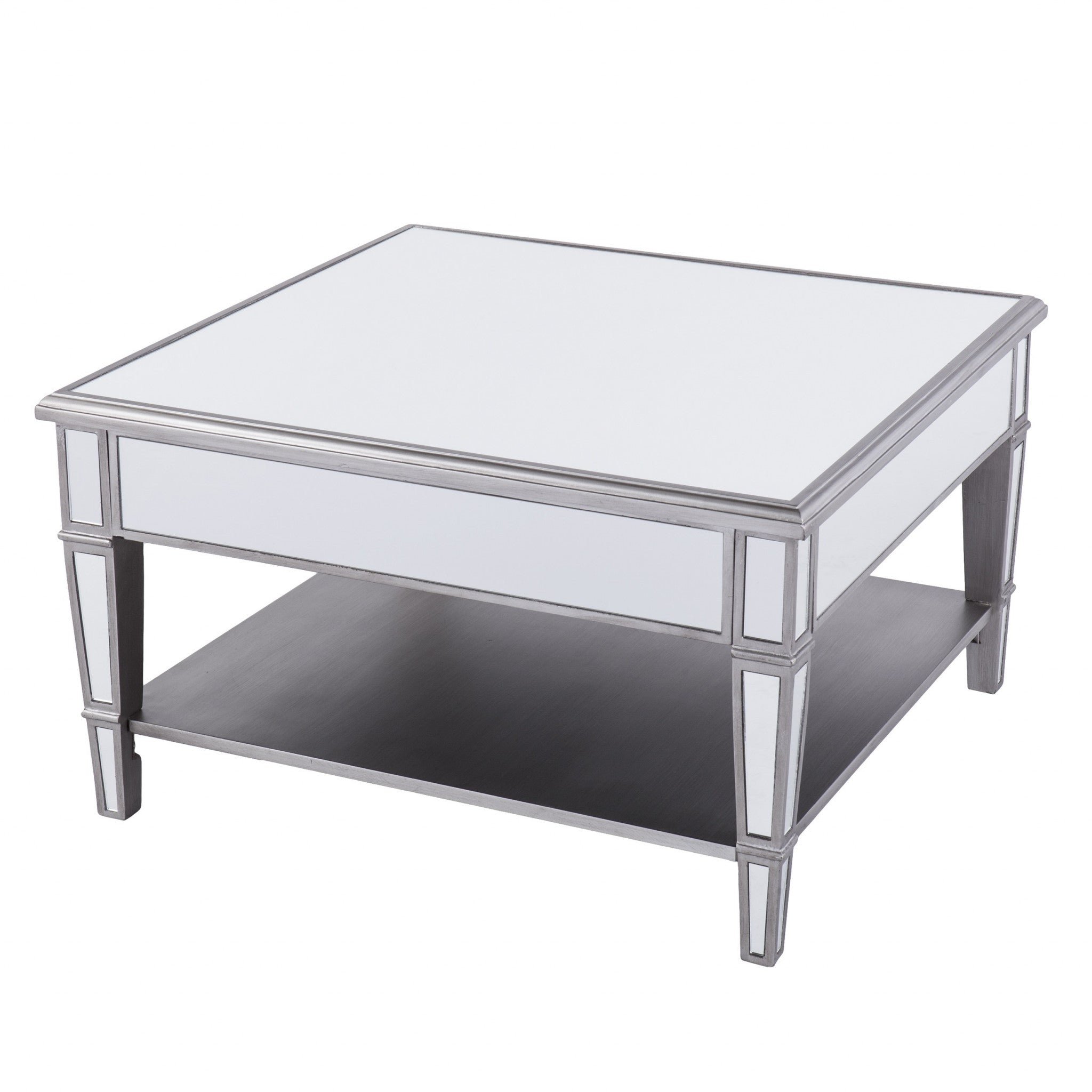 29" Silver Mirrored Square Coffee Table With Shelf-3