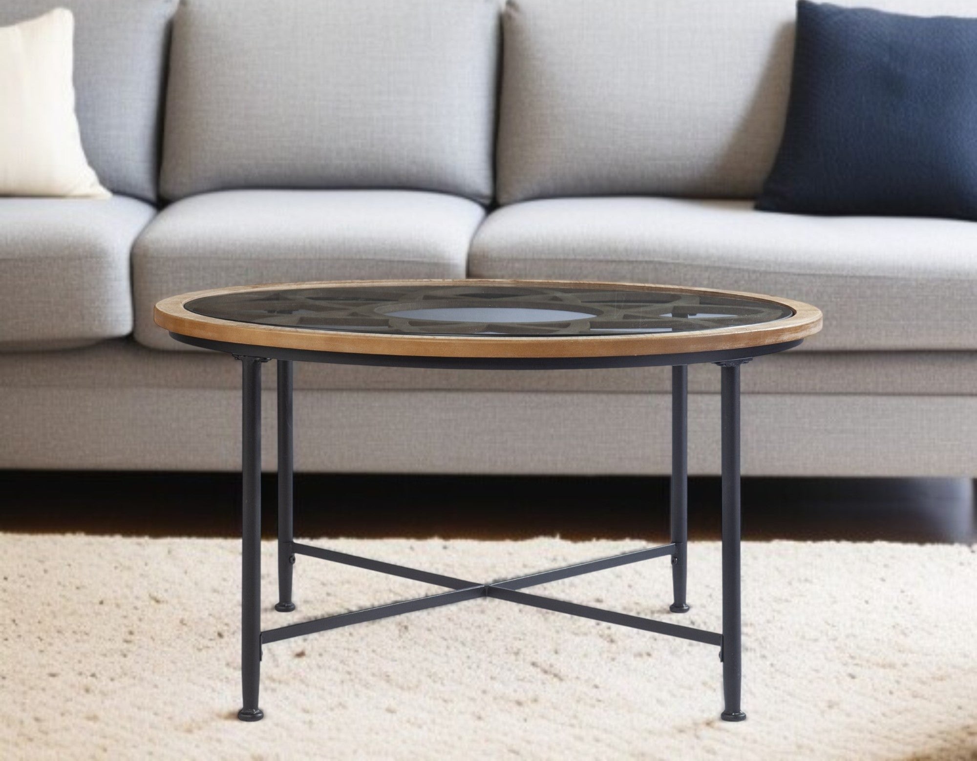 33" Floral Design Glass Top Round Coffee Table-0