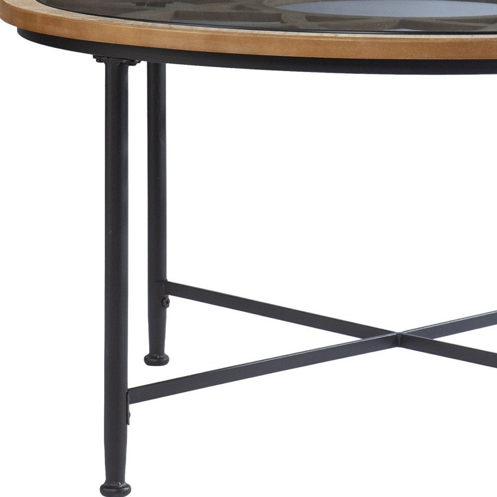 33" Floral Design Glass Top Round Coffee Table-4