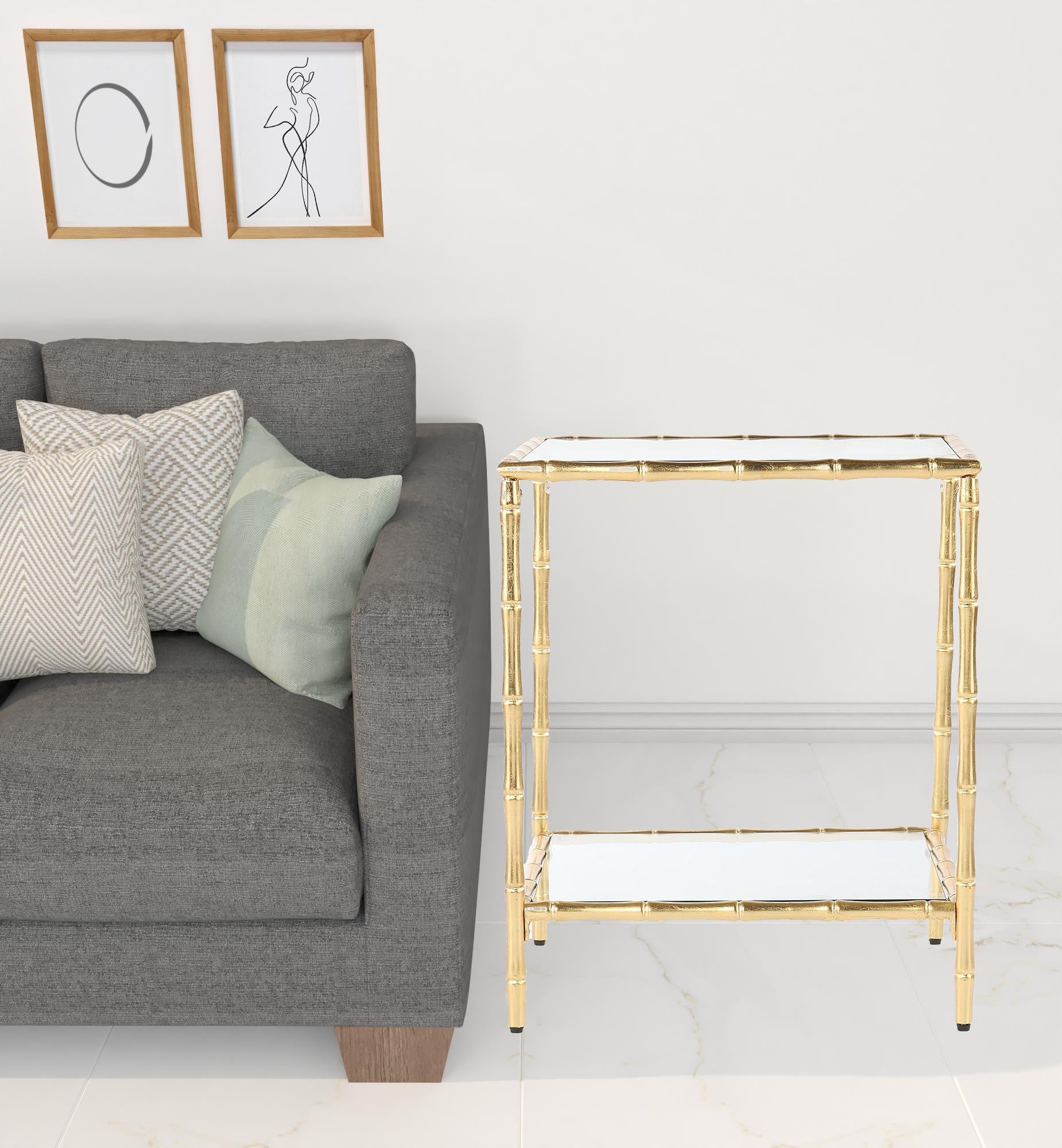 23" Gold Glass Top Square End Table With Shelf-1