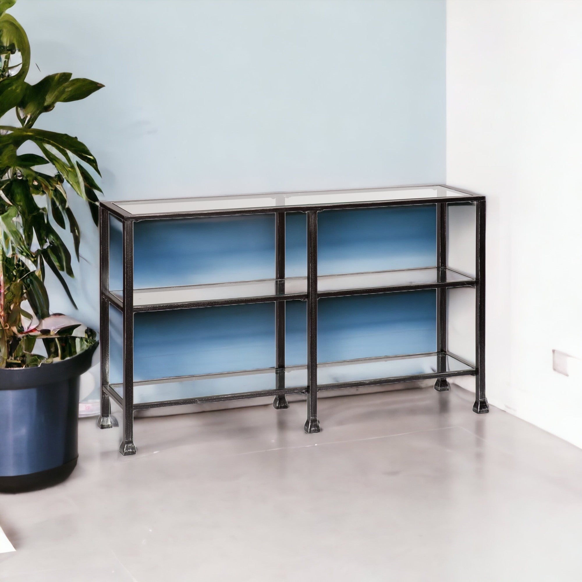 49" Clear and Black Glass Distressed Floor Shelf Console Table With Storage-1