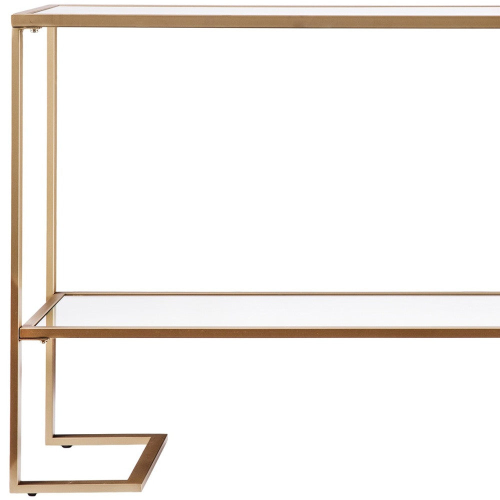 52" Clear and Gold Glass Mirrored Sled Console Table With Shelves-6