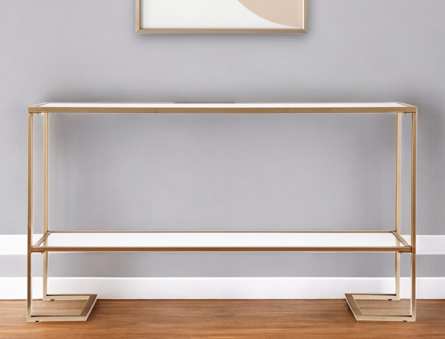 52" Clear and Gold Glass Mirrored Sled Console Table With Shelves-0