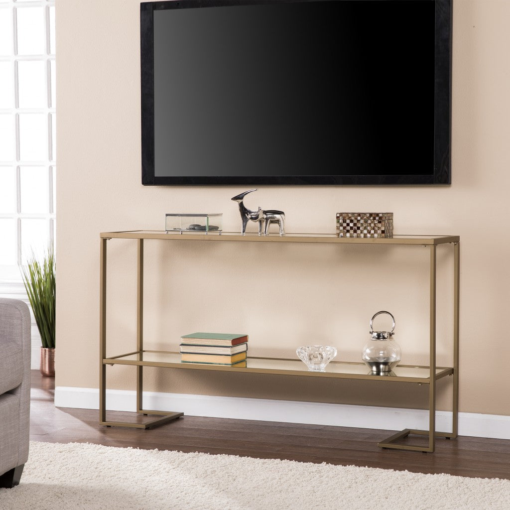 52" Clear and Gold Glass Mirrored Sled Console Table With Shelves-8