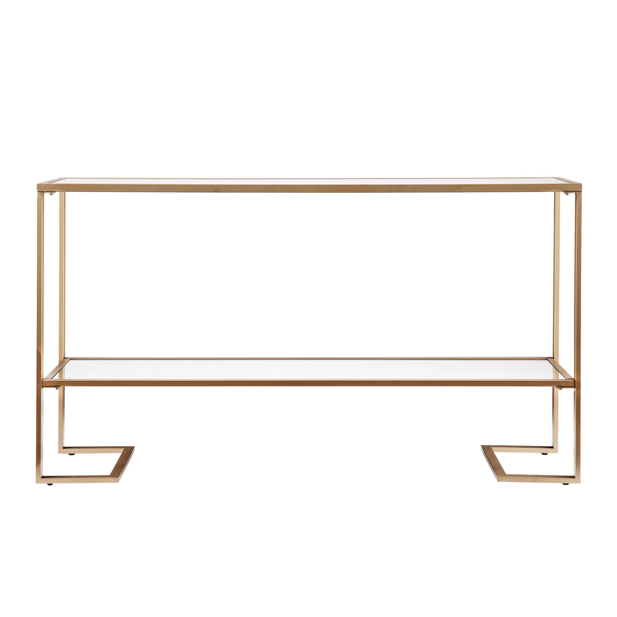 52" Clear and Gold Glass Mirrored Sled Console Table With Shelves-1