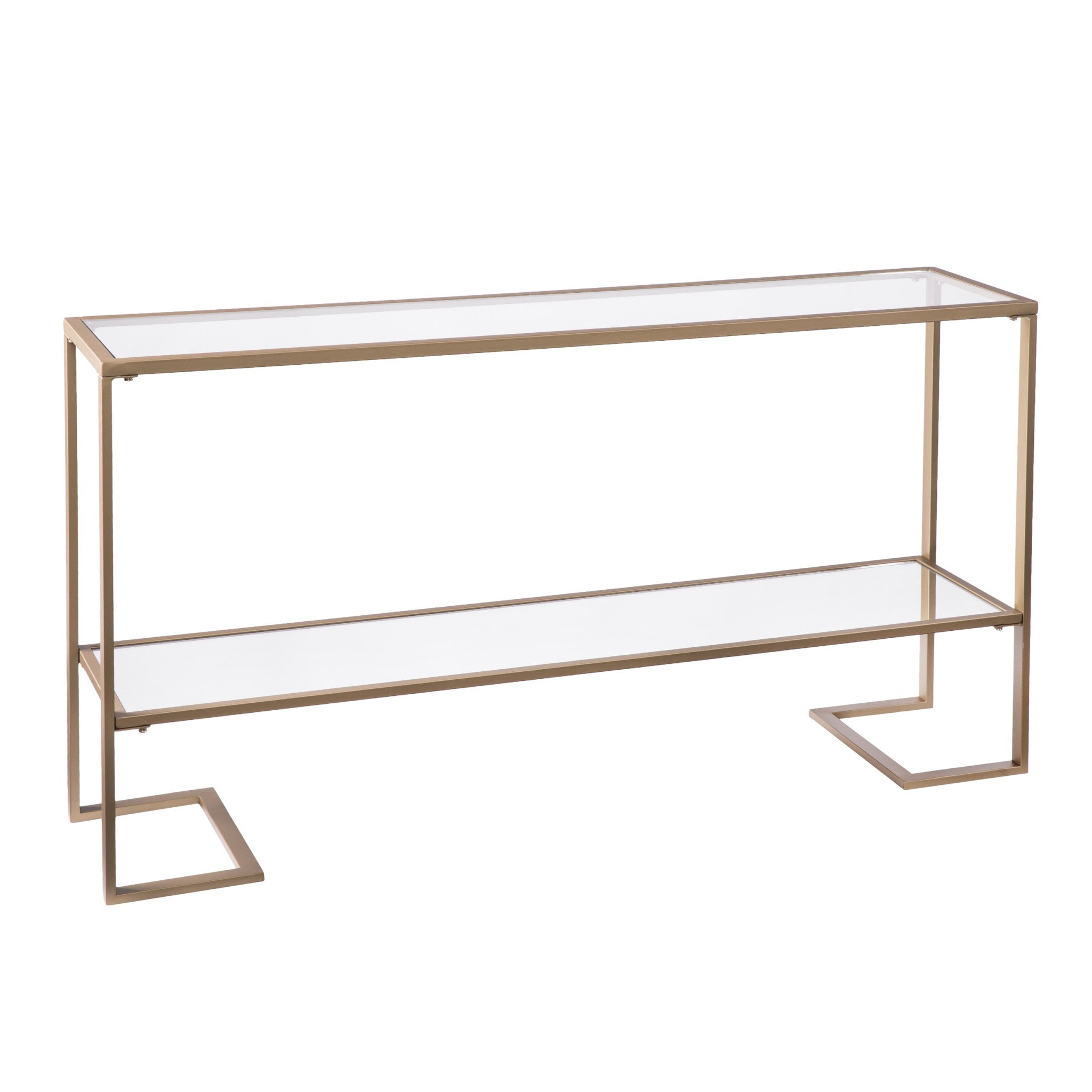 52" Clear and Gold Glass Mirrored Sled Console Table With Shelves-3