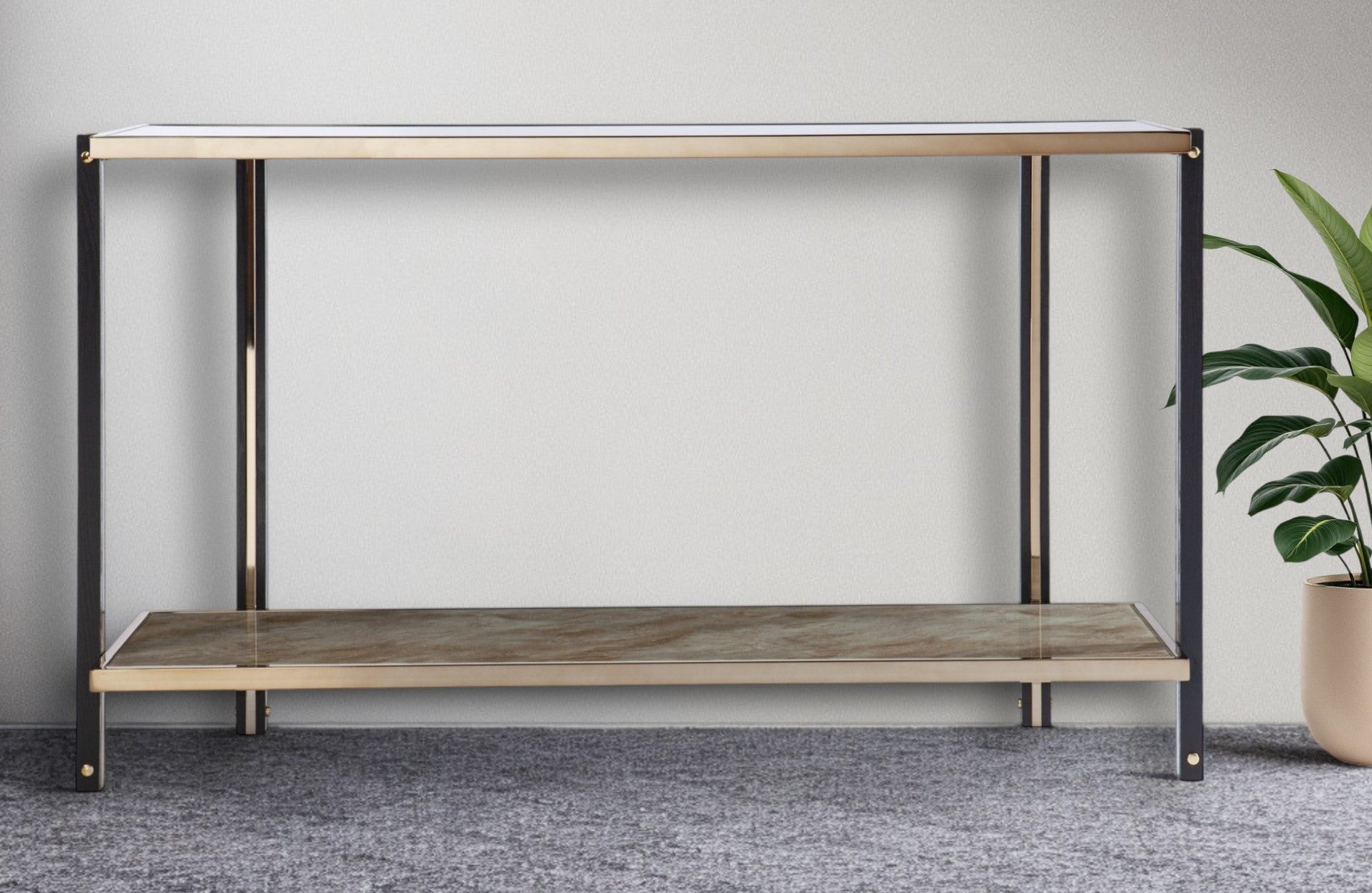 50" Smoky Black and Champagne Mirrored Glass Console Table With Shelf-0