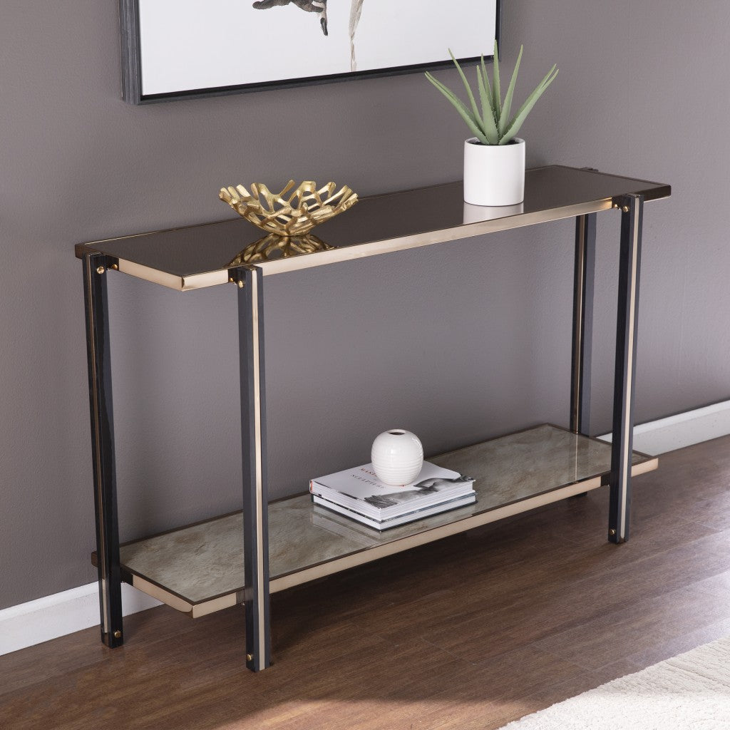 50" Smoky Black and Champagne Mirrored Glass Console Table With Shelf-8