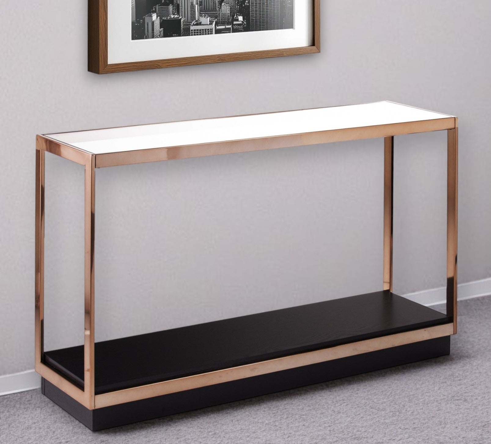 48" Clear Black and Champagne Glass Floor Shelf Console Table With Shelf-0