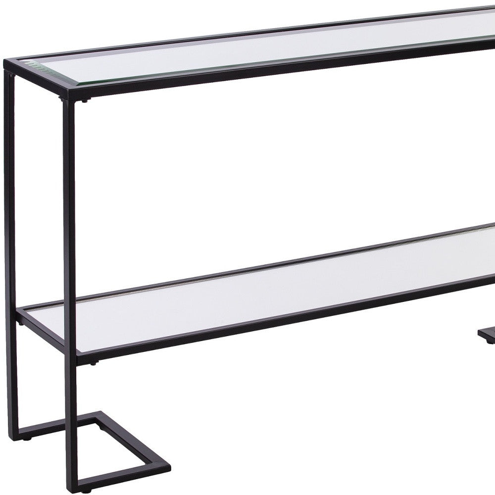 52" Clear and Black Glass Mirrored Sled Console Table With Shelves-6