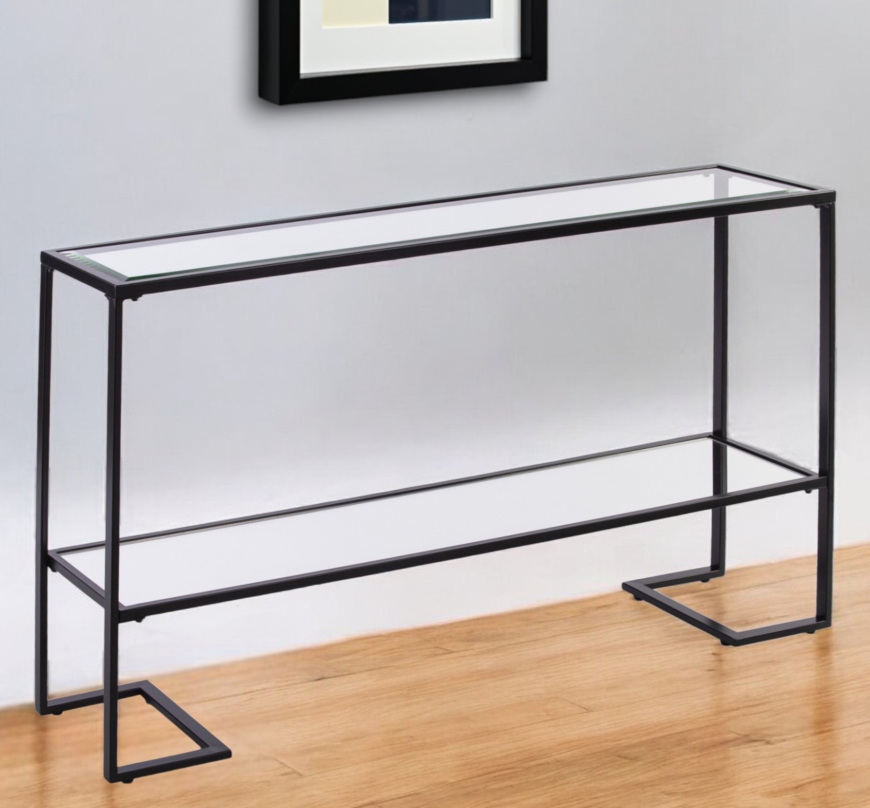 52" Clear and Black Glass Mirrored Sled Console Table With Shelves-0