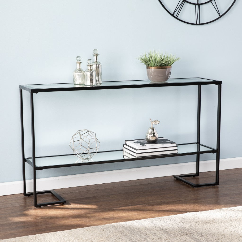 52" Clear and Black Glass Mirrored Sled Console Table With Shelves-7