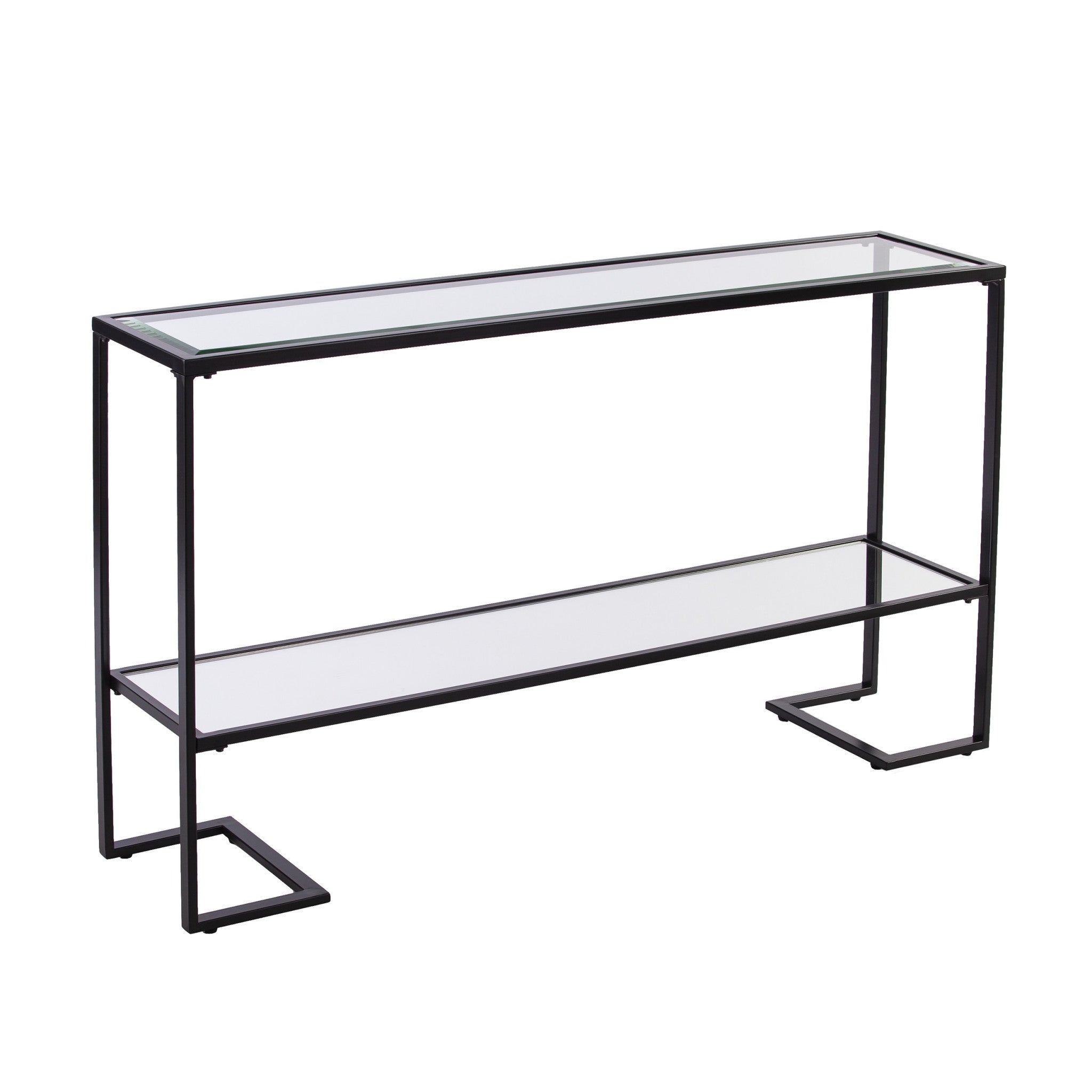 52" Clear and Black Glass Mirrored Sled Console Table With Shelves-1