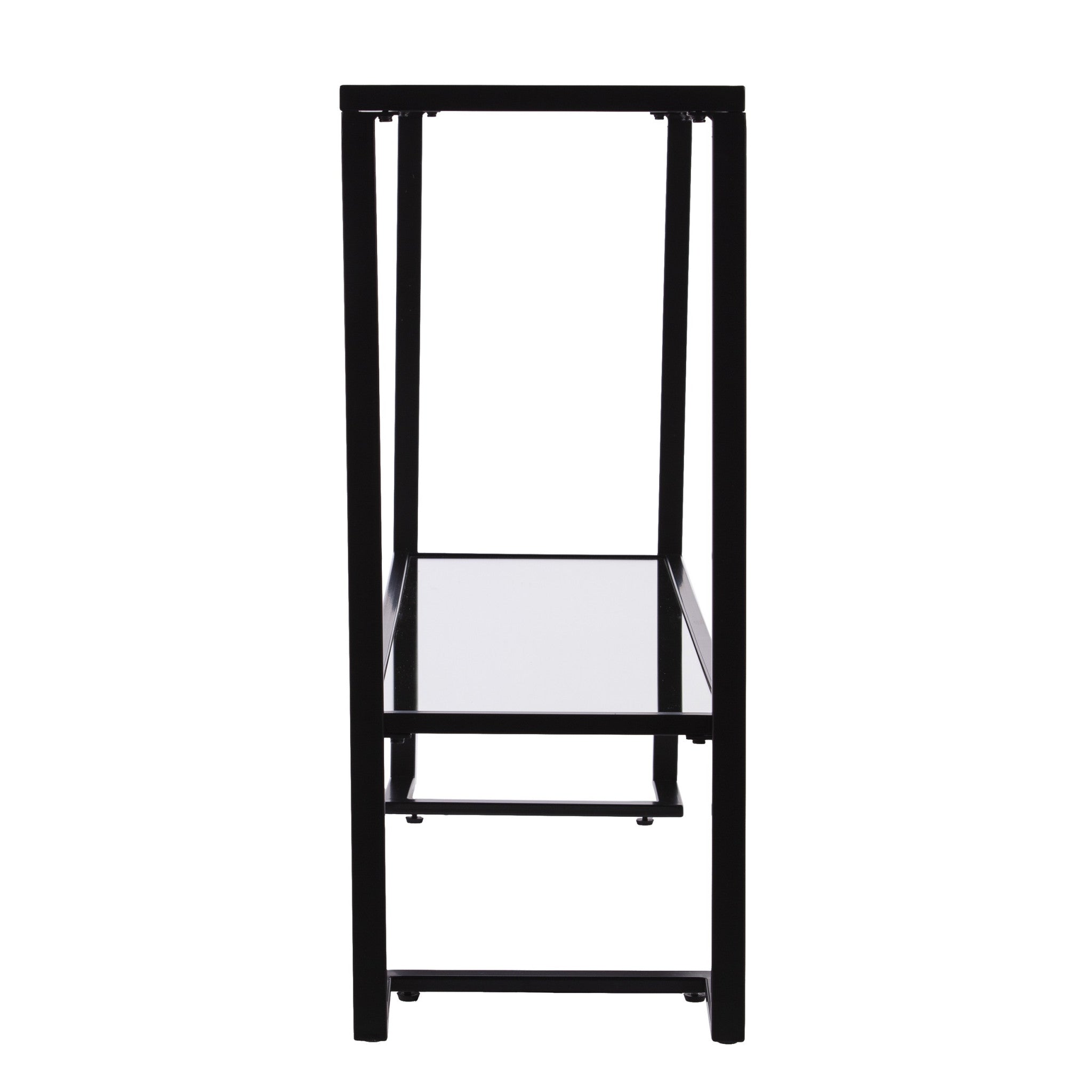 52" Clear and Black Glass Mirrored Sled Console Table With Shelves-2
