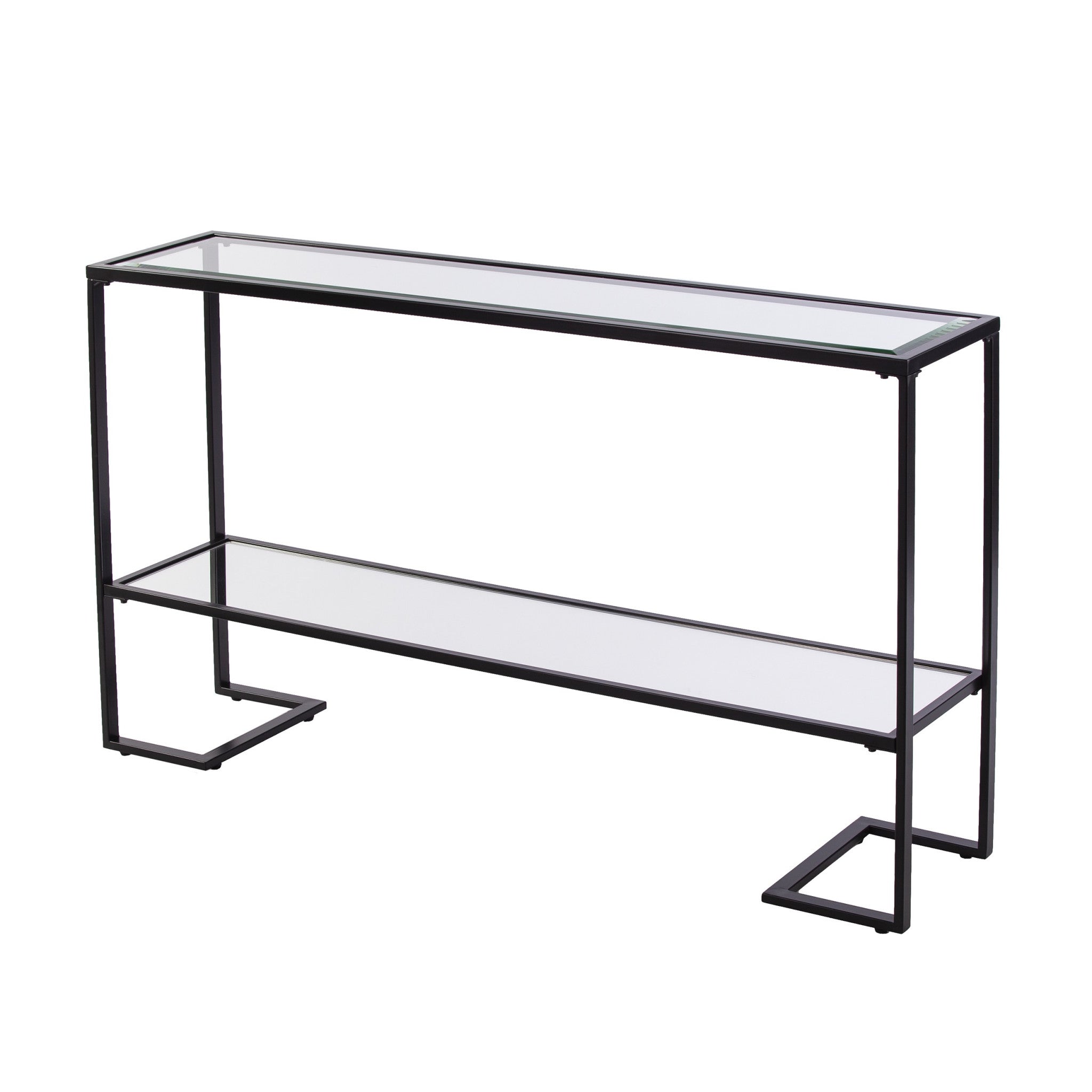 52" Clear and Black Glass Mirrored Sled Console Table With Shelves-3