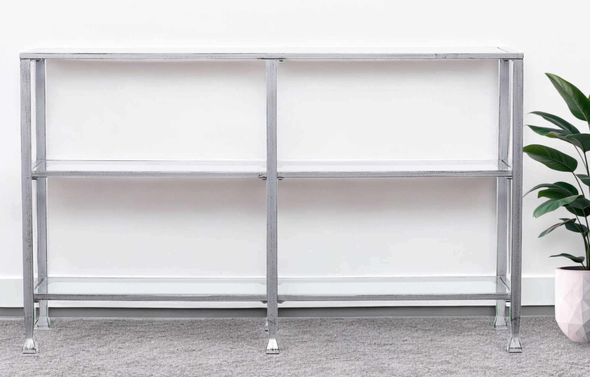 49" Clear and Silver Glass Distressed Frame Console Table With Shelves-0