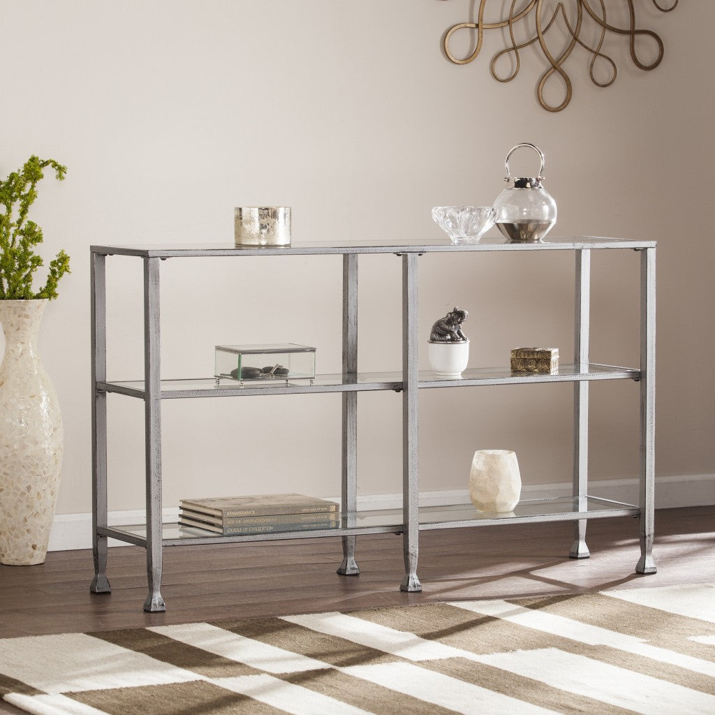 49" Clear and Silver Glass Distressed Frame Console Table With Shelves-6