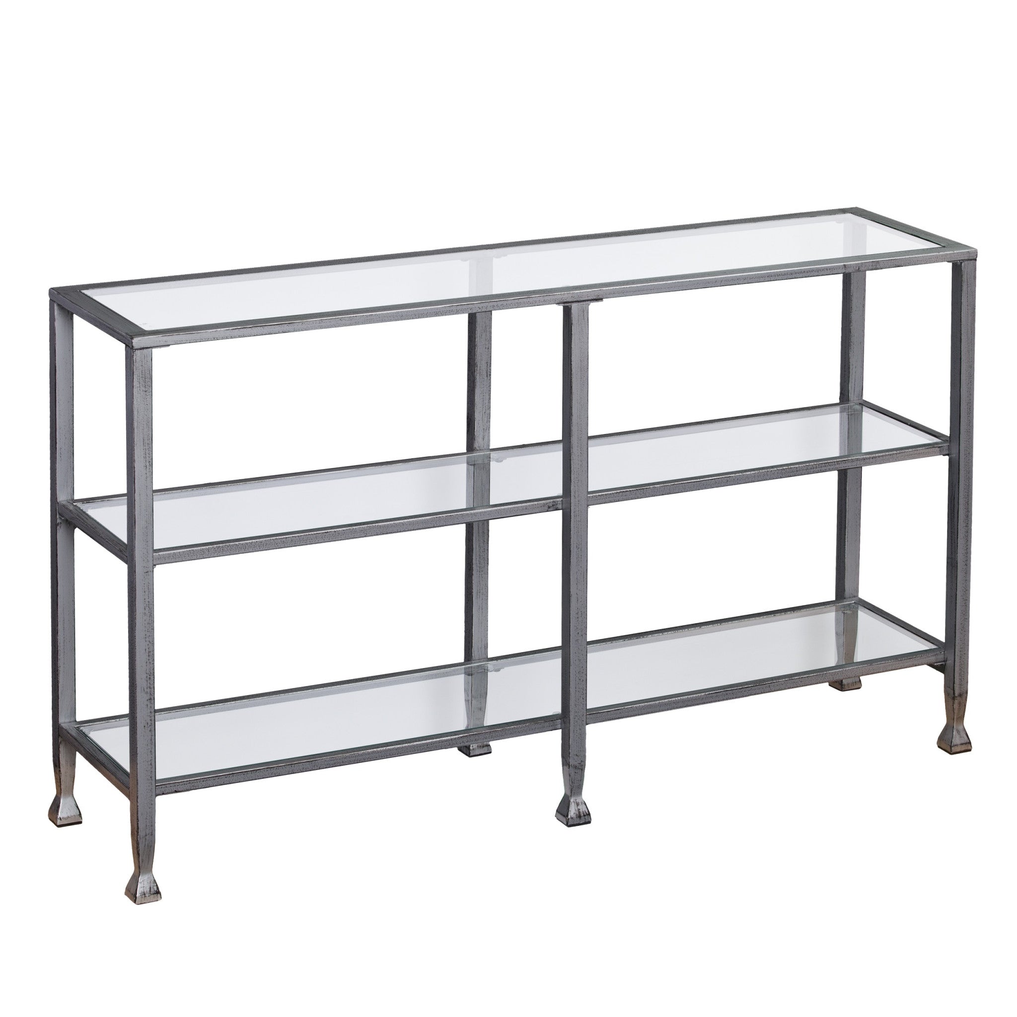49" Clear and Silver Glass Distressed Frame Console Table With Shelves-2