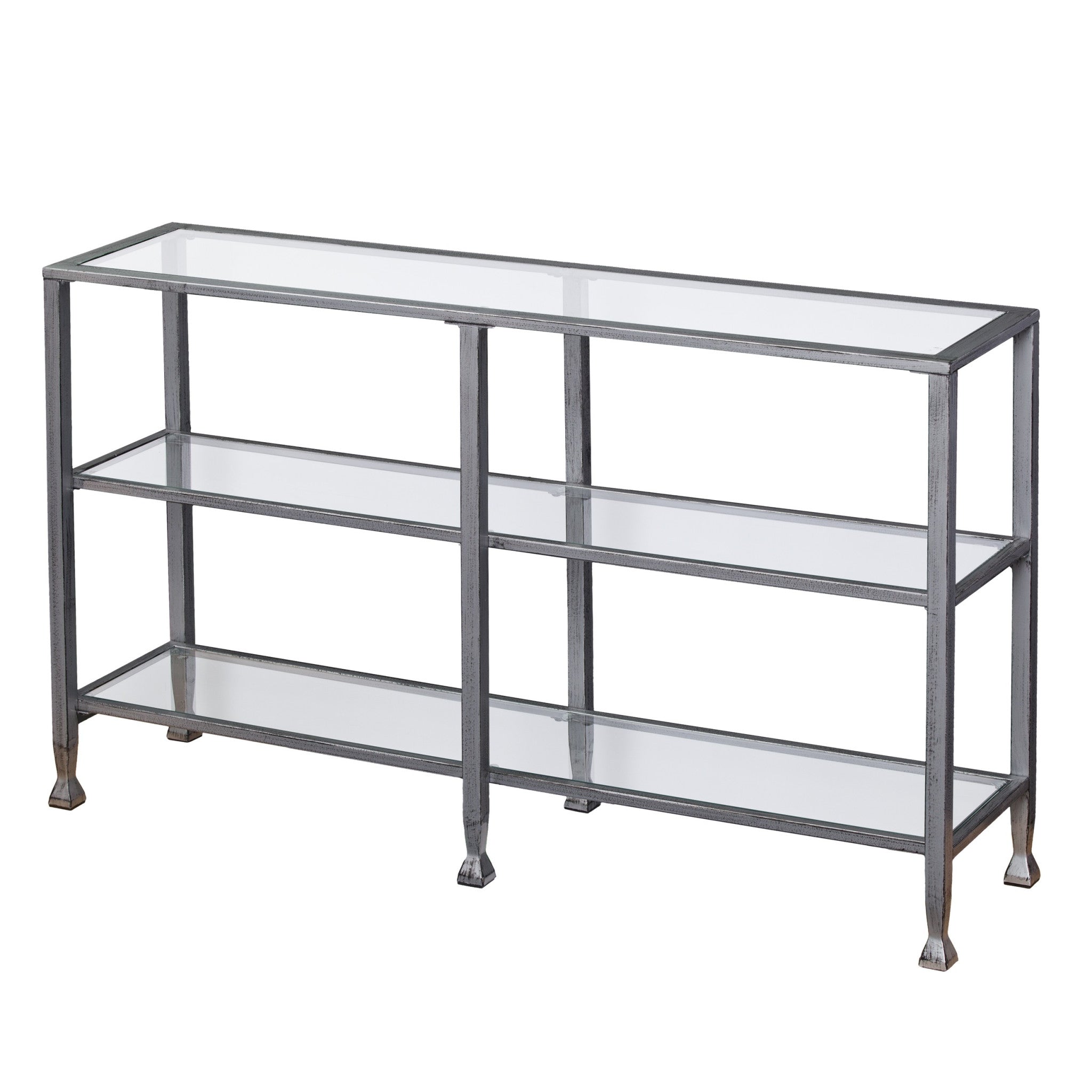 49" Clear and Silver Glass Distressed Frame Console Table With Shelves-3