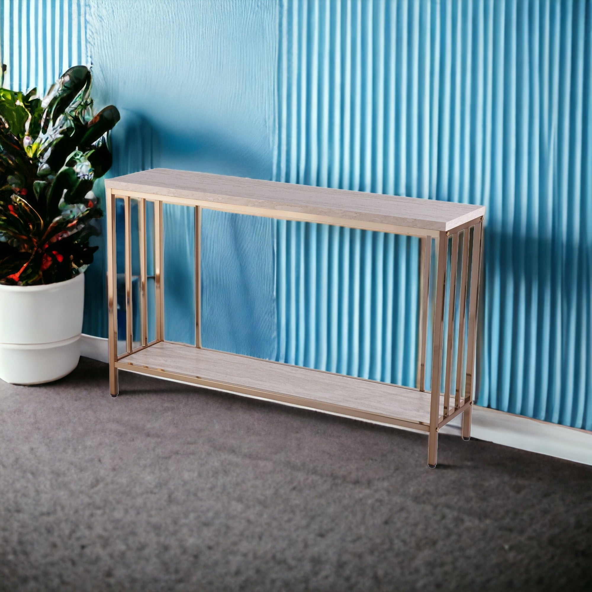 48" Champagne and Gold Faux Stone Floor Shelf Console Table With Storage-4