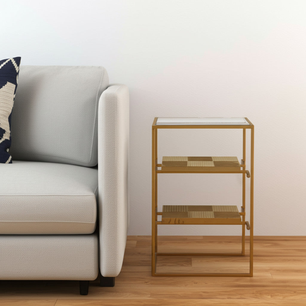 24" Brass Glass And Iron Rectangular End Table With Two Shelves-1