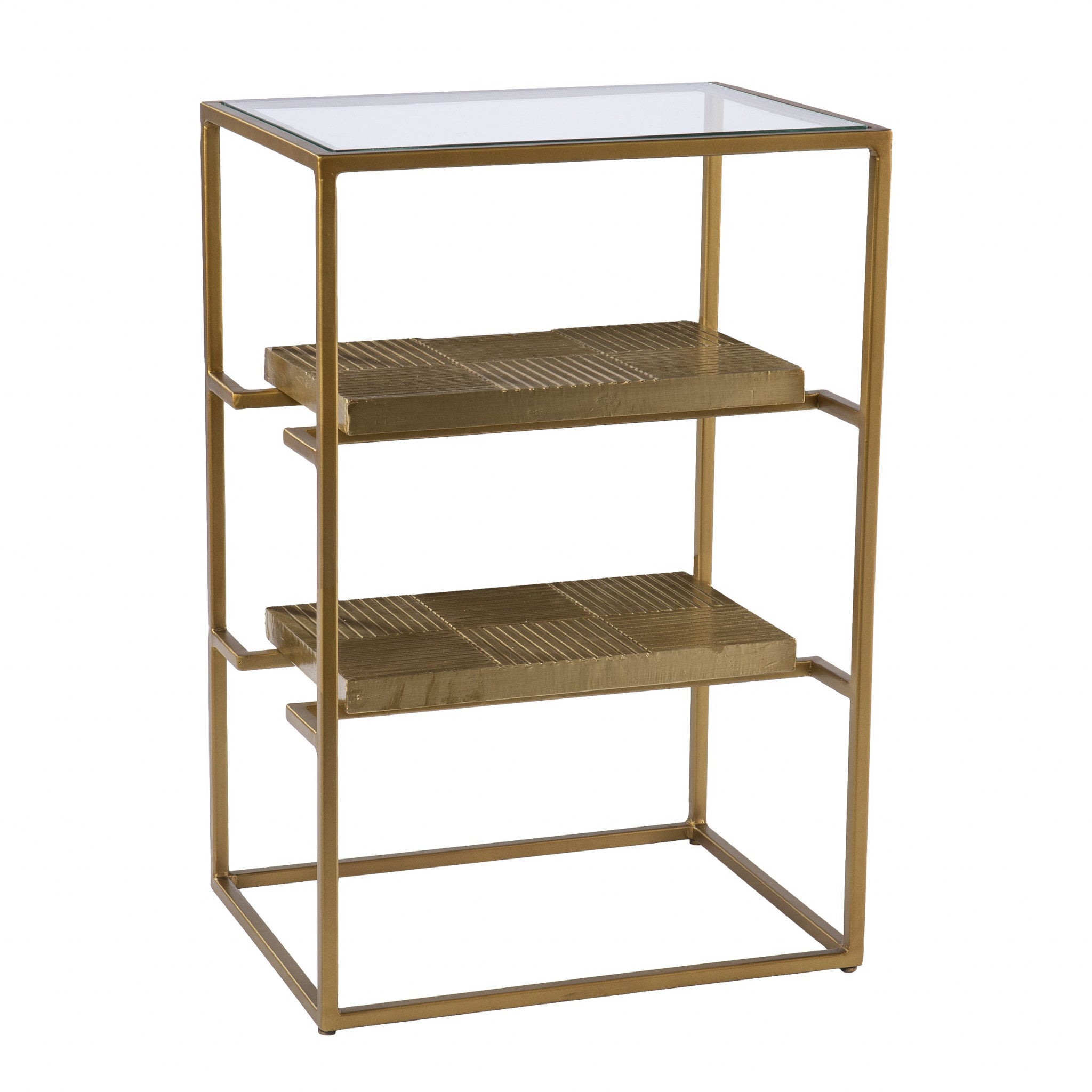 24" Brass Glass And Iron Rectangular End Table With Two Shelves-0