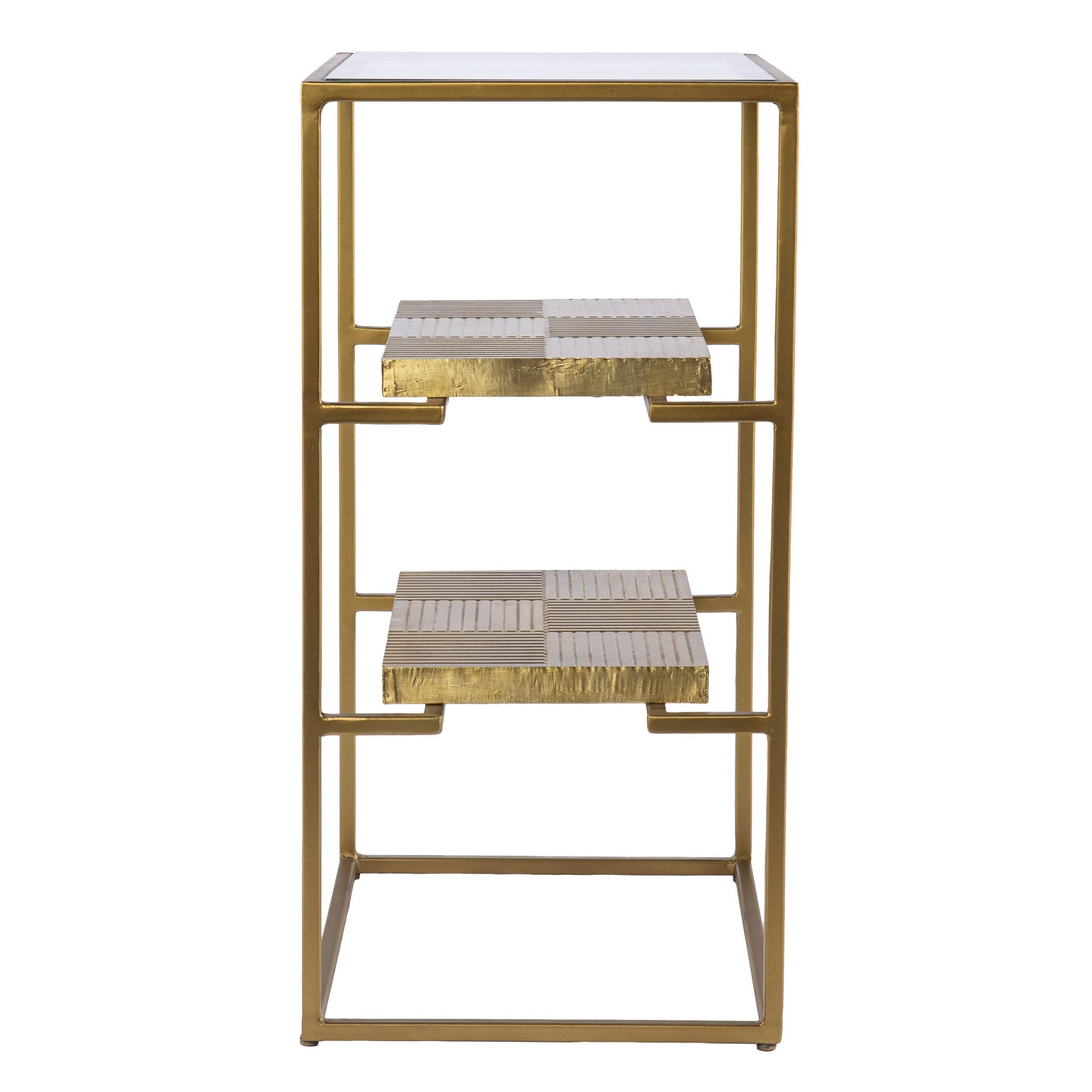 24" Brass Glass And Iron Rectangular End Table With Two Shelves-3
