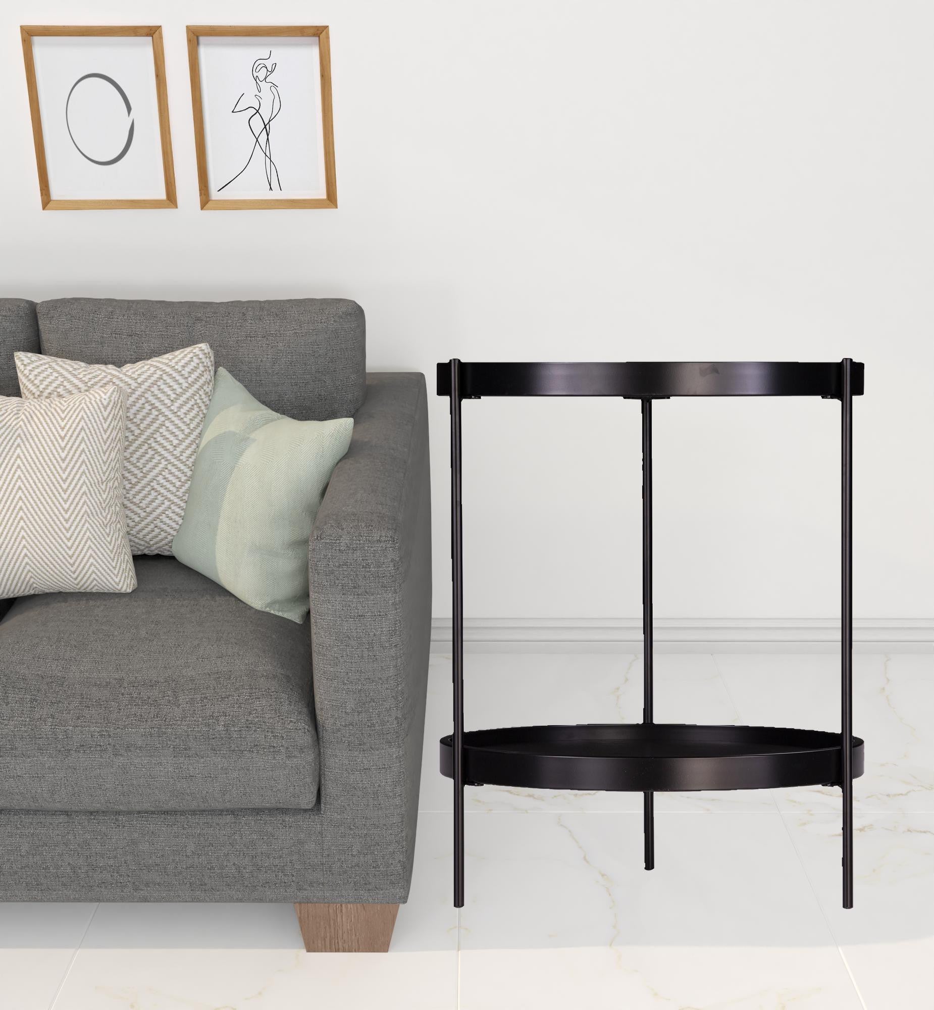 24" Black Manufactured Wood And Iron Round End Table With Shelf-1