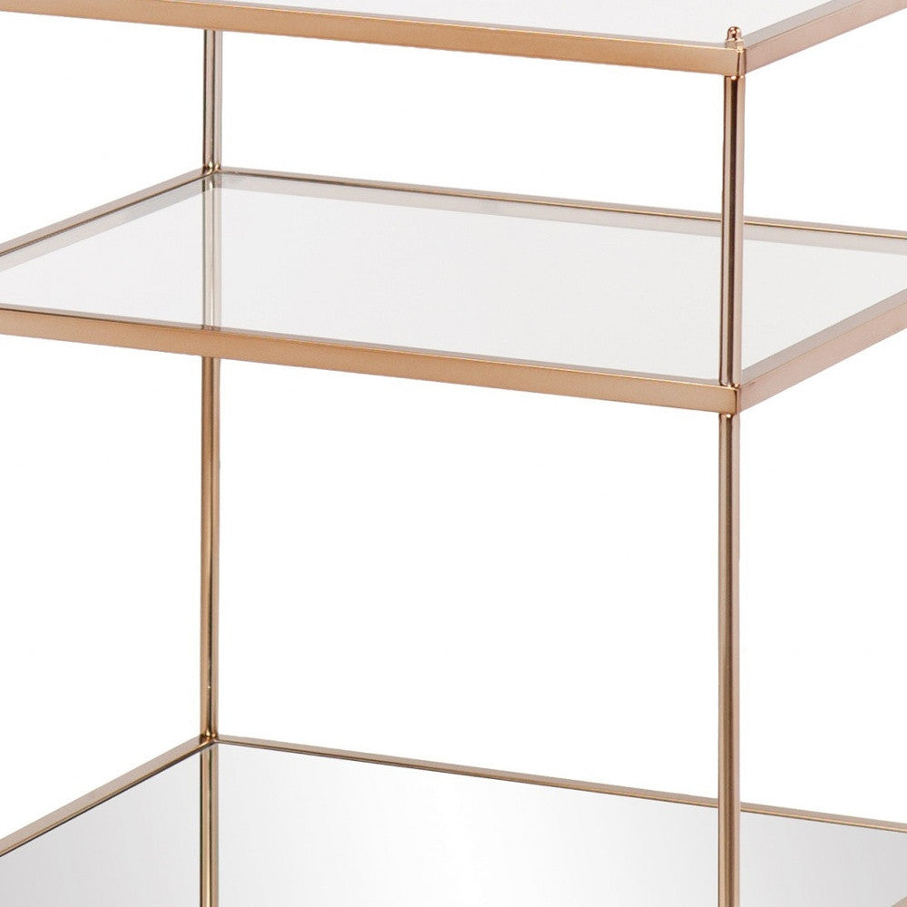27" Gold And Clear Glass And Iron End Table With Mirrored Shelf-4