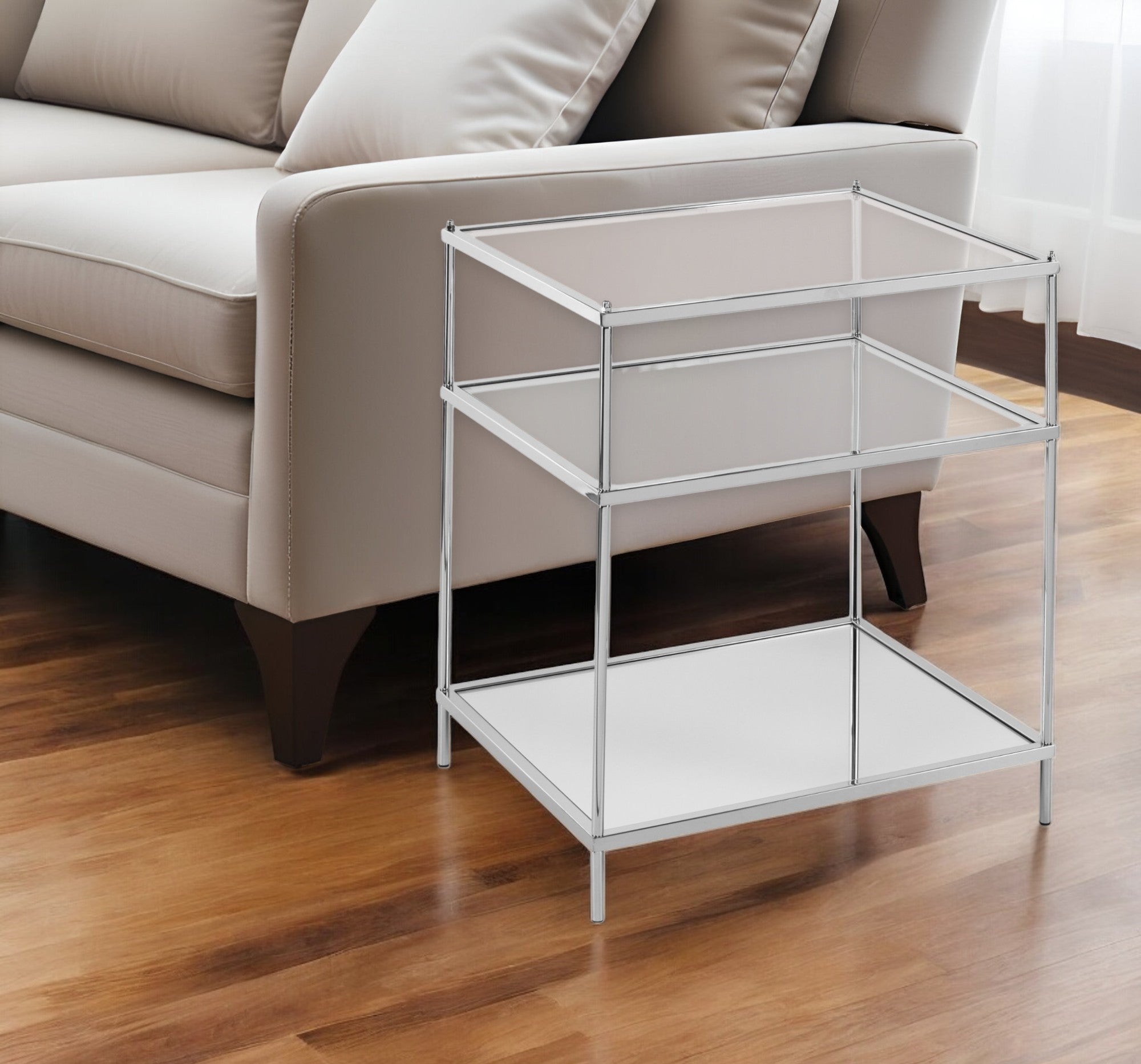 27" Silver Mirrored Glass And Iron End Table With Shelf-1