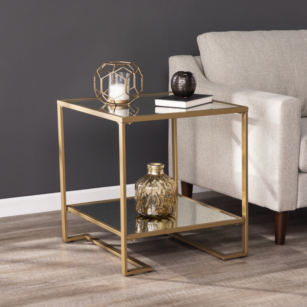 24" Gold Glass And Iron Square Mirrored End Table With Shelf-6