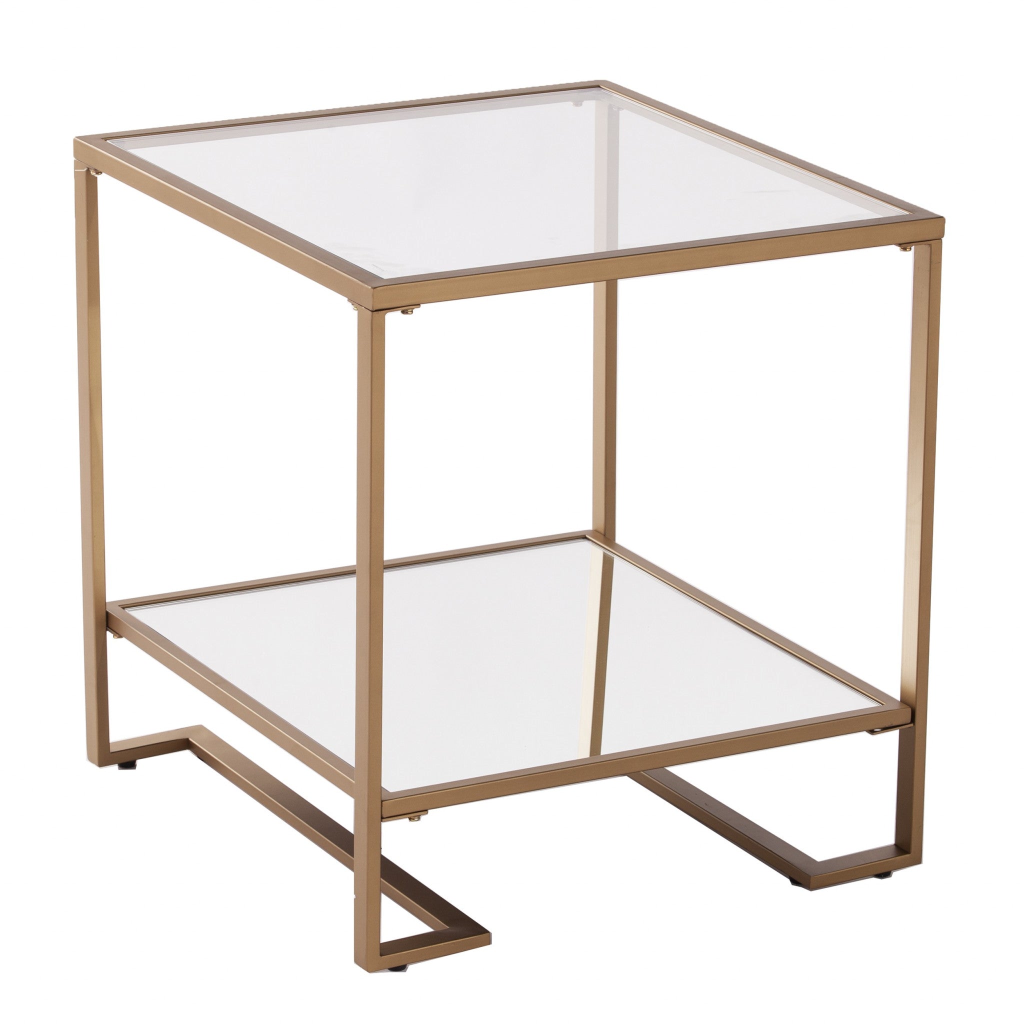 24" Gold Glass And Iron Square Mirrored End Table With Shelf-0