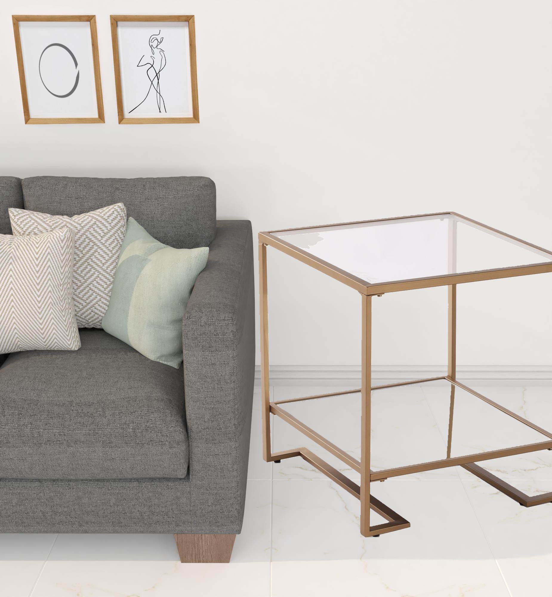 24" Gold Glass And Iron Square Mirrored End Table With Shelf-2