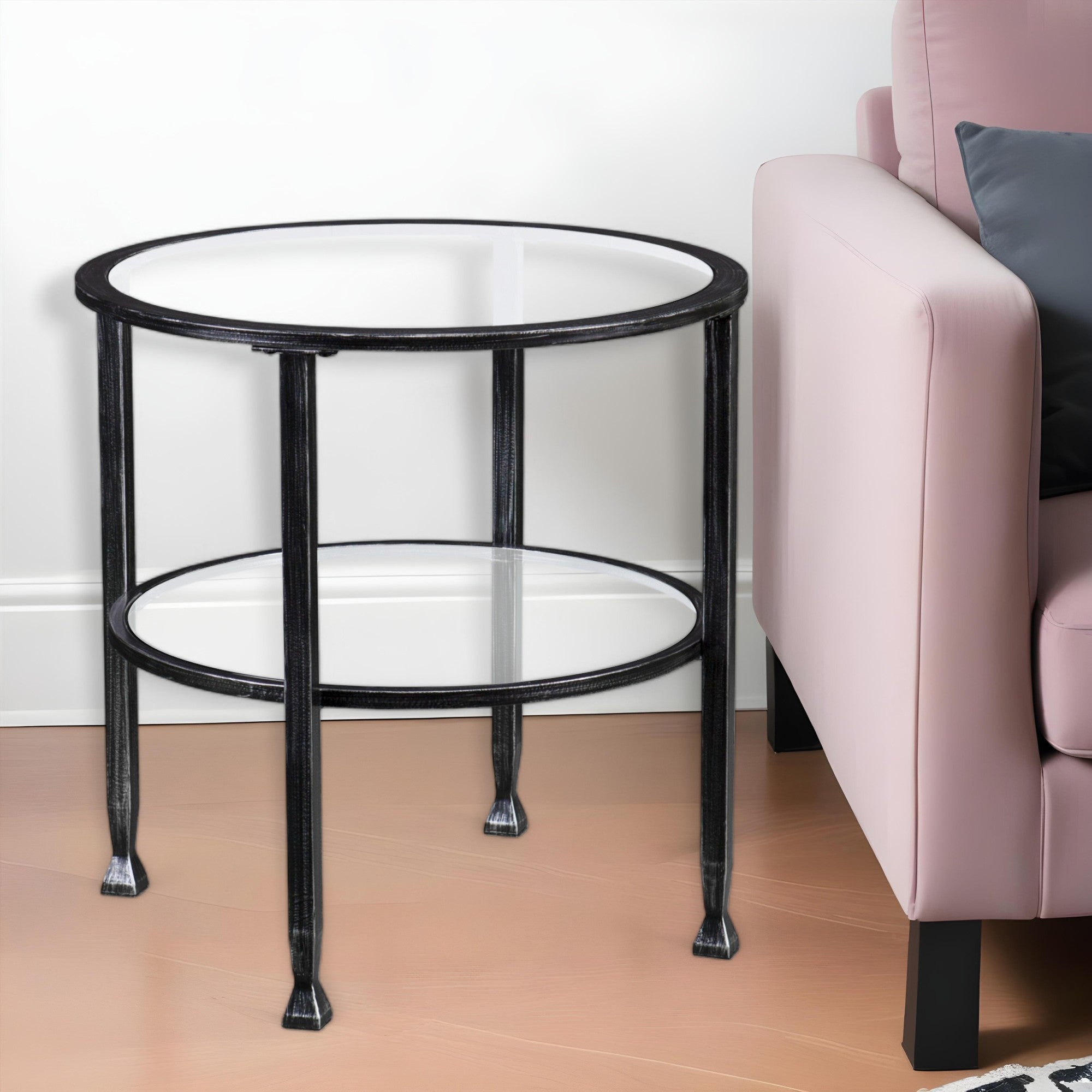 24" Black Glass And Iron Round End Table-0