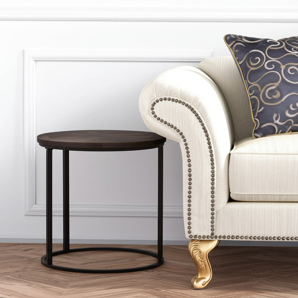 24" Natural Wood Solid Wood And Iron Round End Table-1