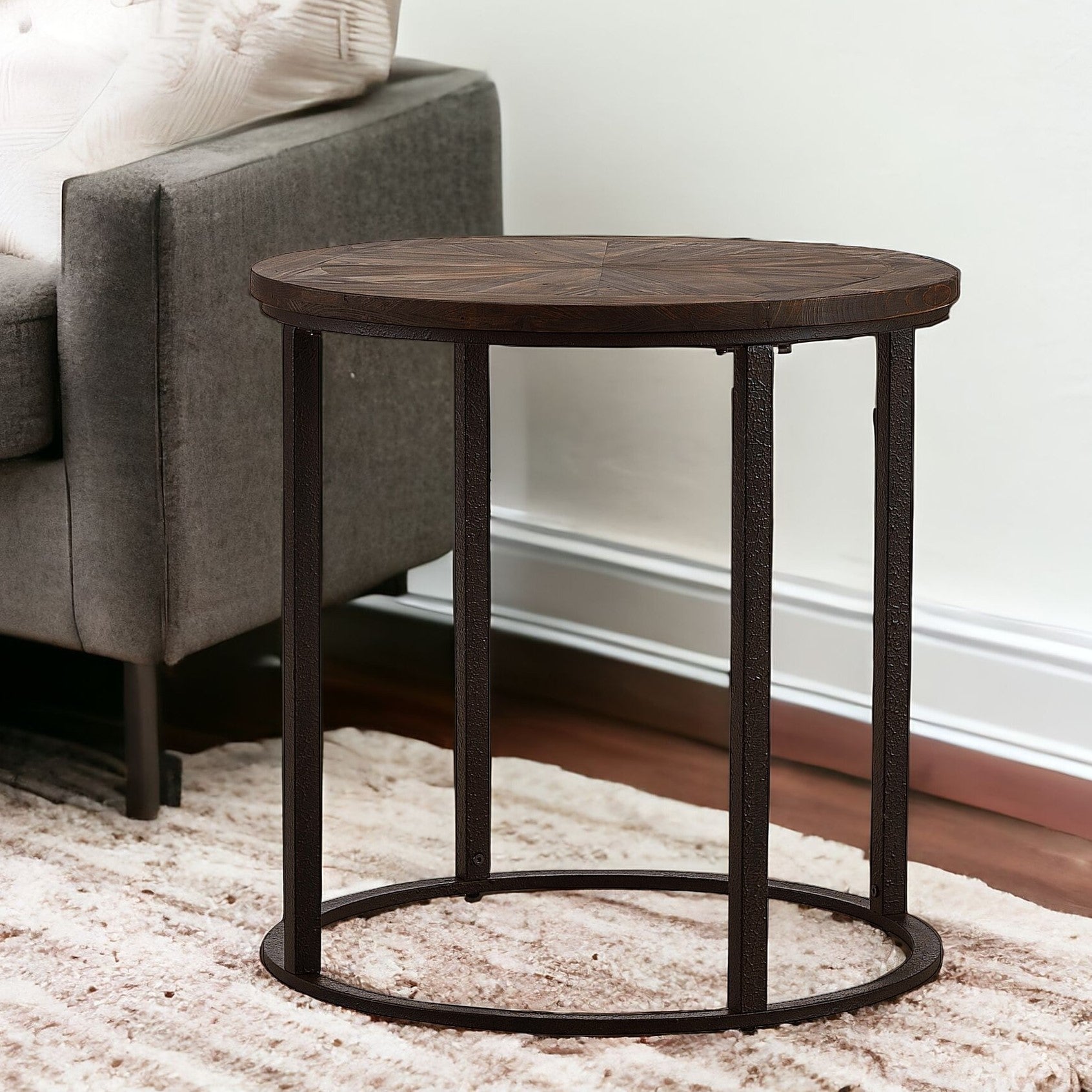 24" Natural Wood Solid Wood And Iron Round End Table-3
