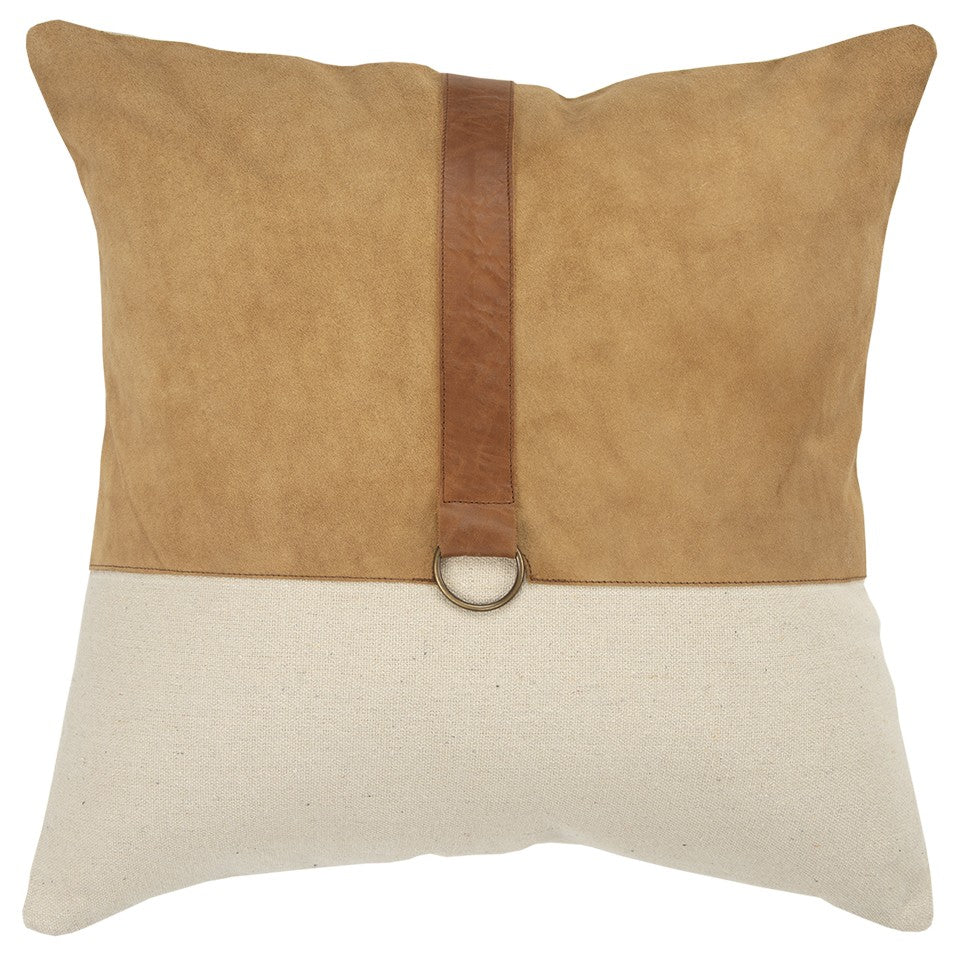 20" Natural and Brown Cotton and Leather Throw Pillow-1
