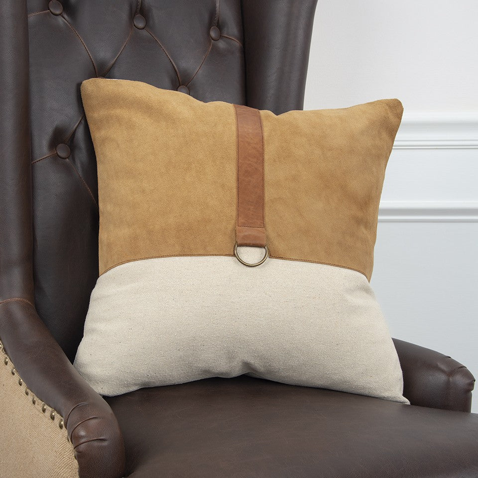 20" Natural and Brown Cotton and Leather Throw Pillow-3