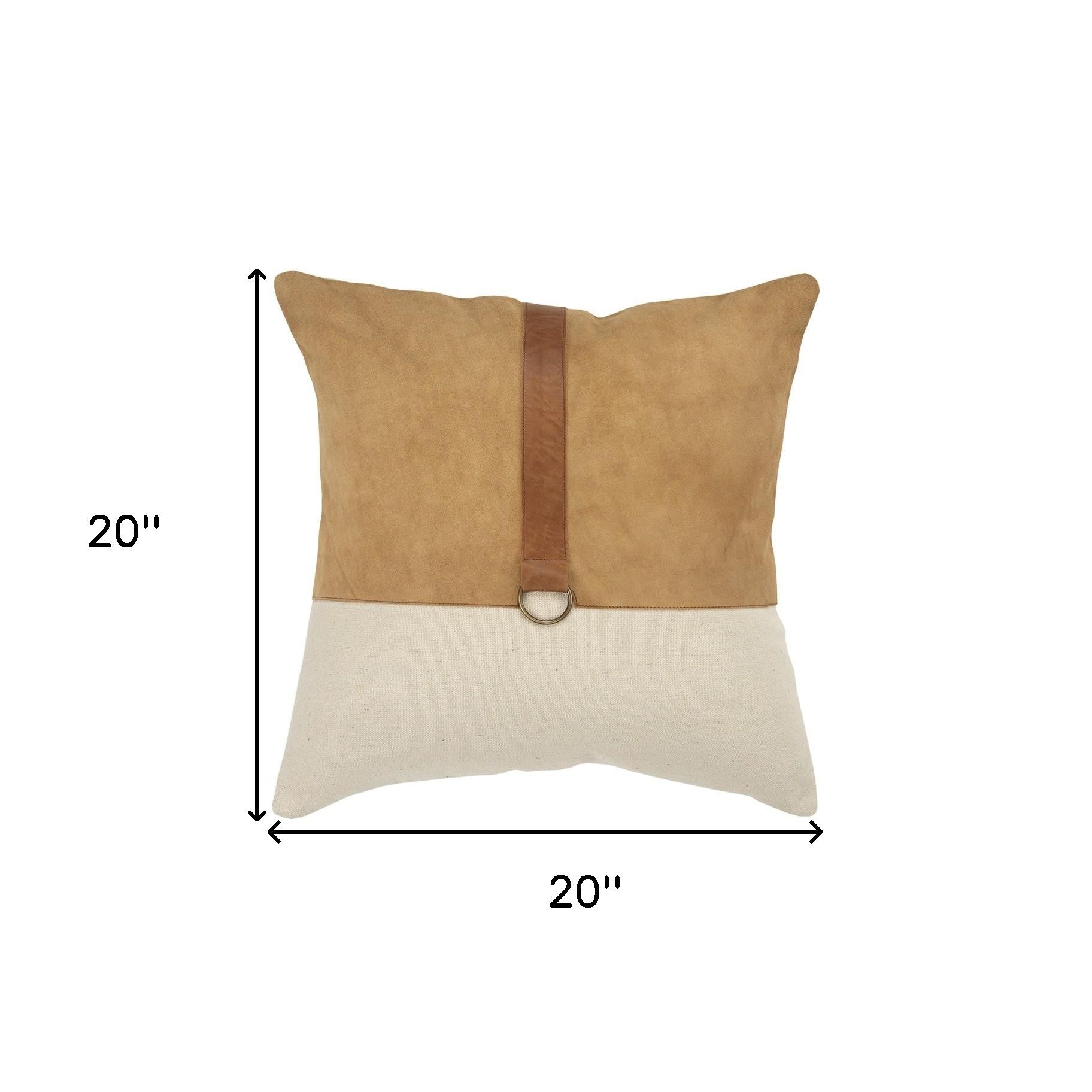 20" Natural and Brown Cotton and Leather Throw Pillow-6